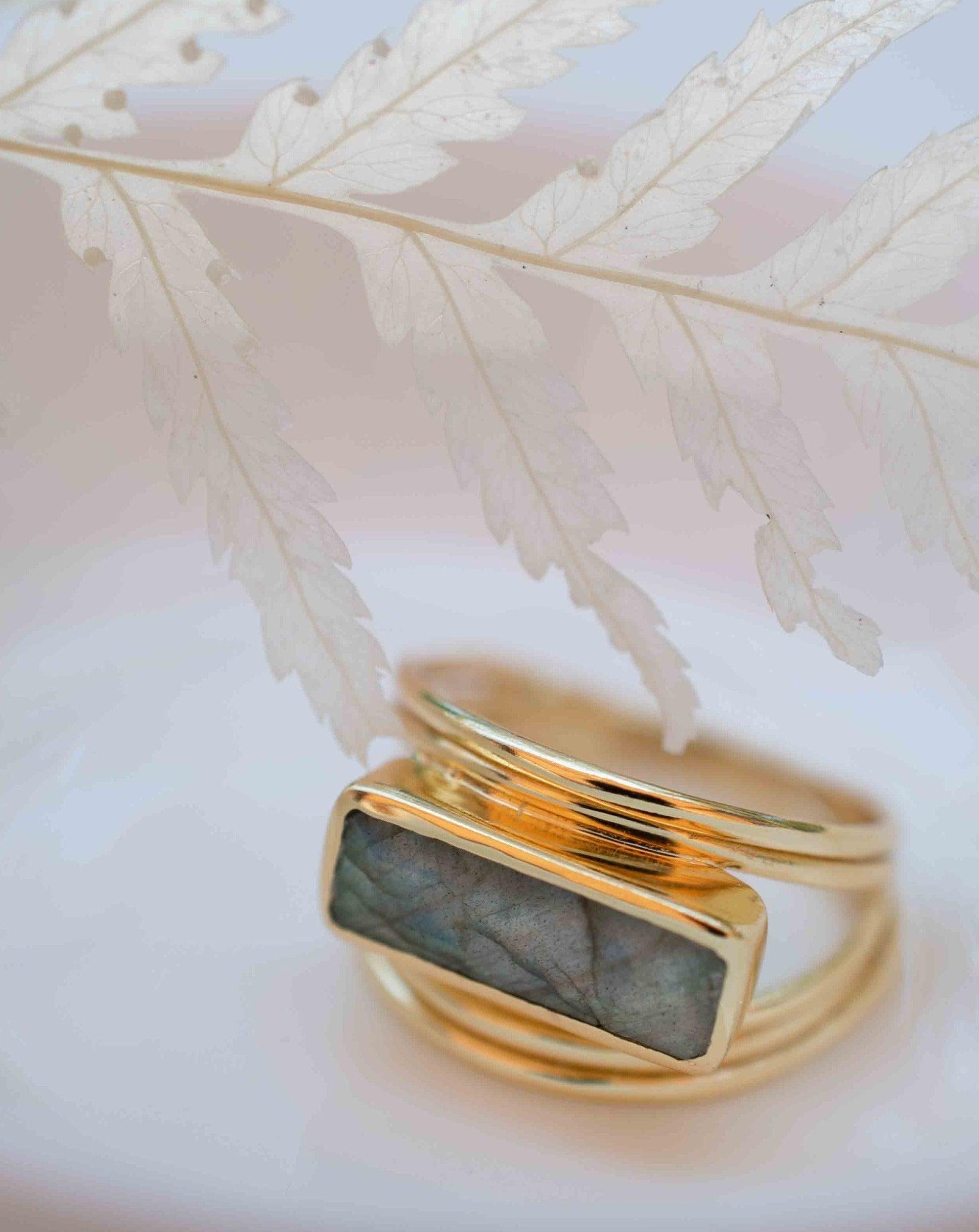 Rainbow Labradorite Ring ~ Rectangular Stone~ Gemstone ~ Natural ~ 18k Gold Plated ~ Jewelry ~ Handmade ~ February Birthstone ~ MR304