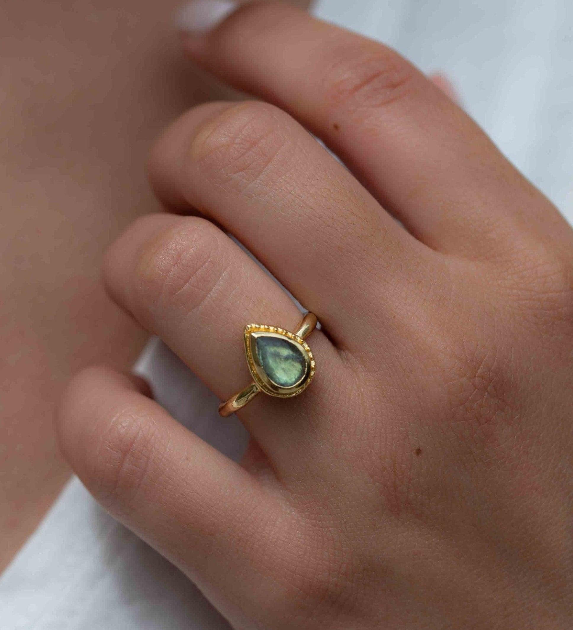 Rainbow Labradorite Tear Drop Ring ~ Gemstone ~ Natural ~ 18k Gold Plated ~ Jewelry ~ Handmade~February Birthstone - MR315