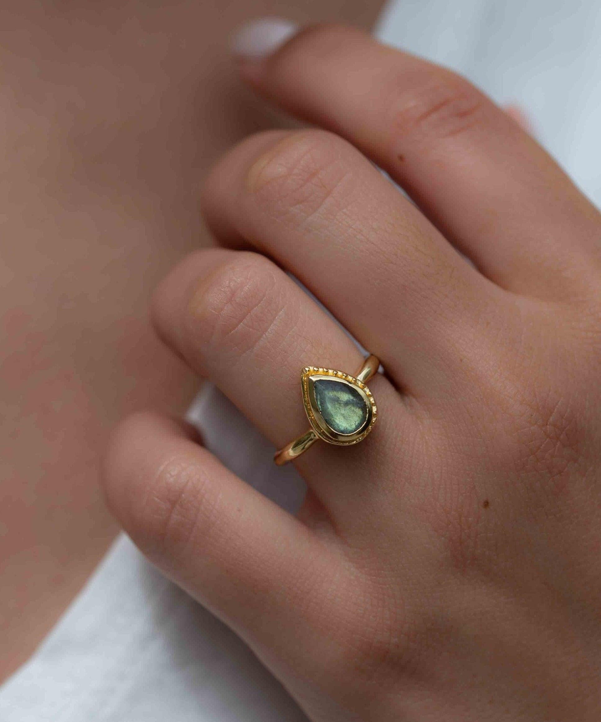 Rainbow Labradorite Tear Drop Ring ~ Gemstone ~ Natural ~ 18k Gold Plated ~ Jewelry ~ Handmade~February Birthstone - MR315