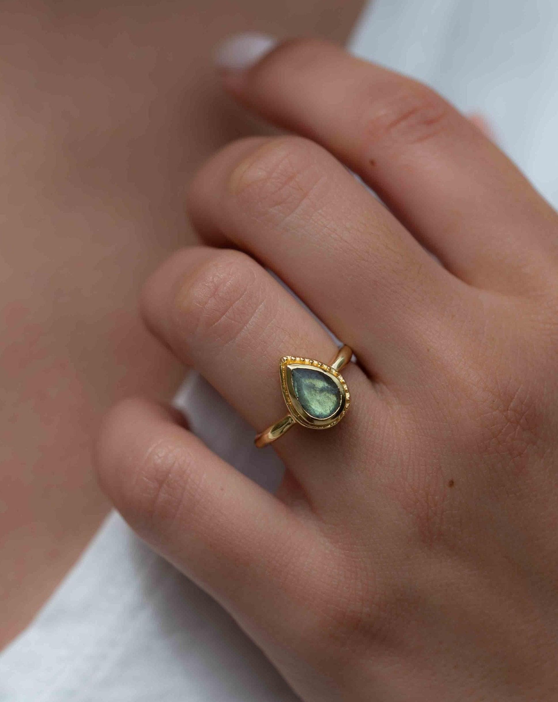 Rainbow Labradorite Tear Drop Ring ~ Gemstone ~ Natural ~ 18k Gold Plated ~ Jewelry ~ Handmade~February Birthstone - MR315