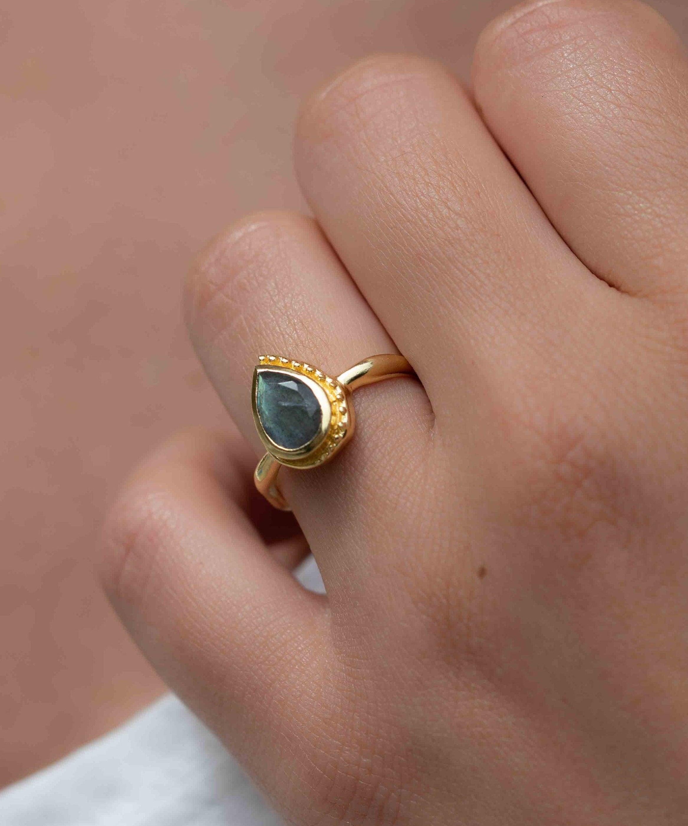 Rainbow Labradorite Tear Drop Ring ~ Gemstone ~ Natural ~ 18k Gold Plated ~ Jewelry ~ Handmade~February Birthstone - MR315