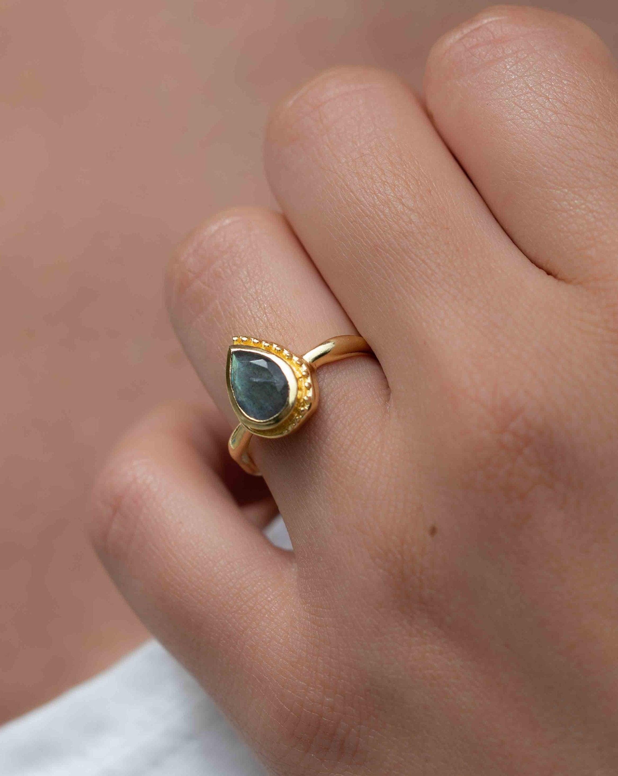 Rainbow Labradorite Tear Drop Ring ~ Gemstone ~ Natural ~ 18k Gold Plated ~ Jewelry ~ Handmade~February Birthstone - MR315