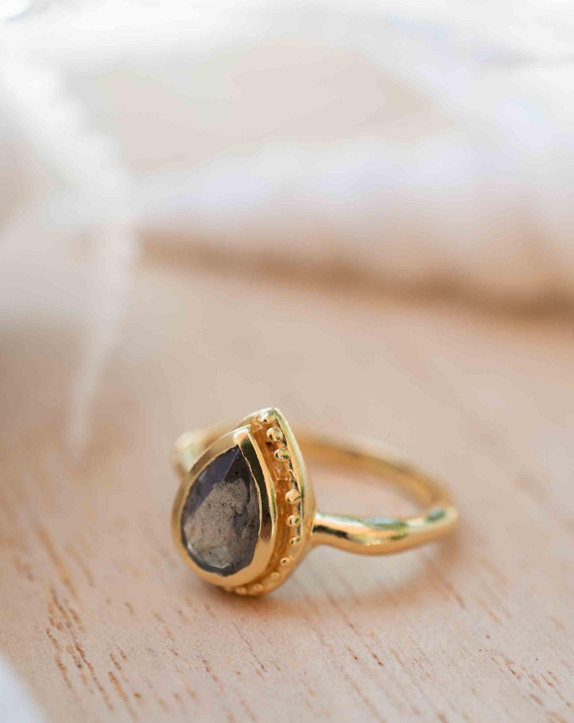Rainbow Labradorite Tear Drop Ring ~ Gemstone ~ Natural ~ 18k Gold Plated ~ Jewelry ~ Handmade~February Birthstone - MR315