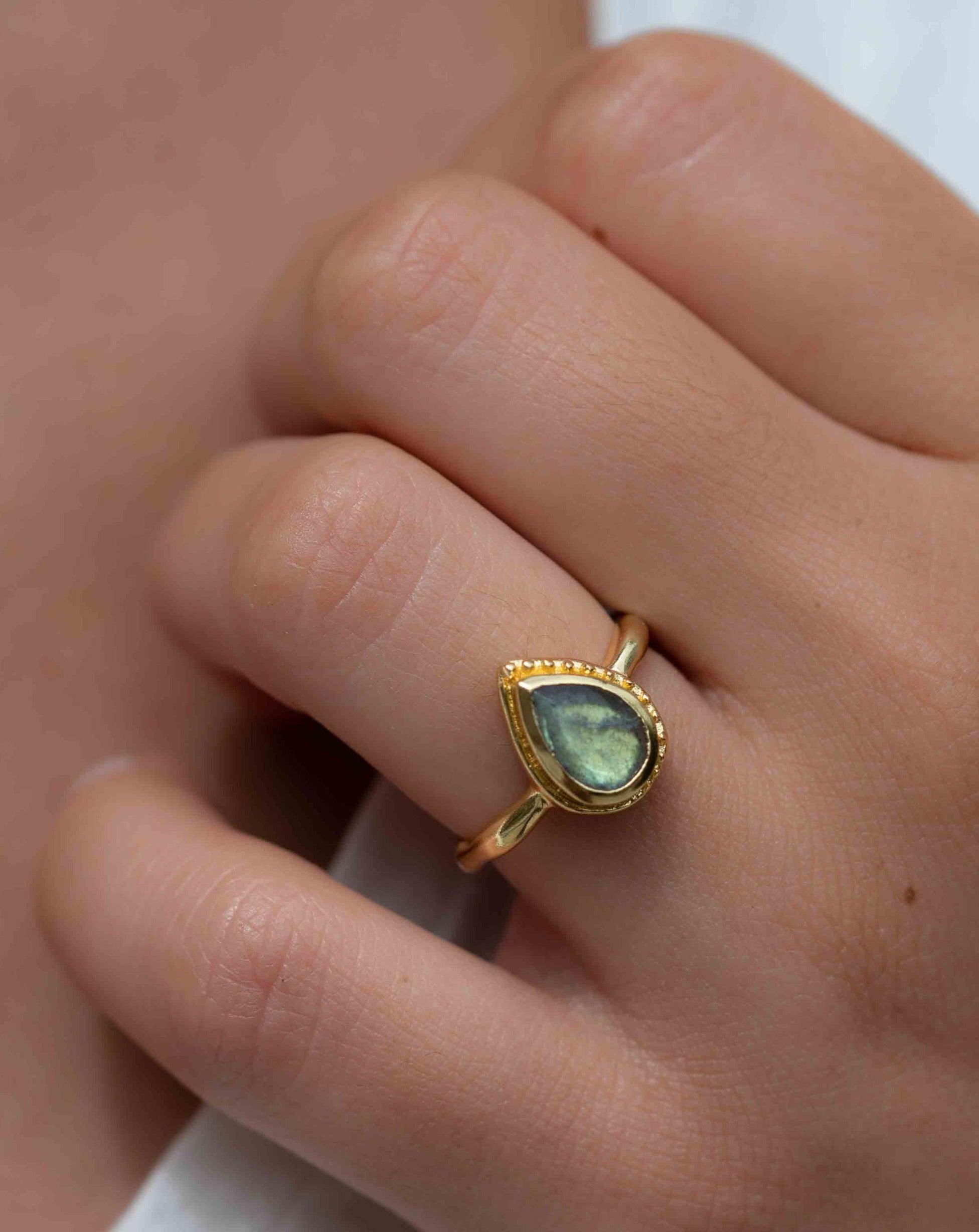 Rainbow Labradorite Tear Drop Ring ~ Gemstone ~ Natural ~ 18k Gold Plated ~ Jewelry ~ Handmade~February Birthstone - MR315