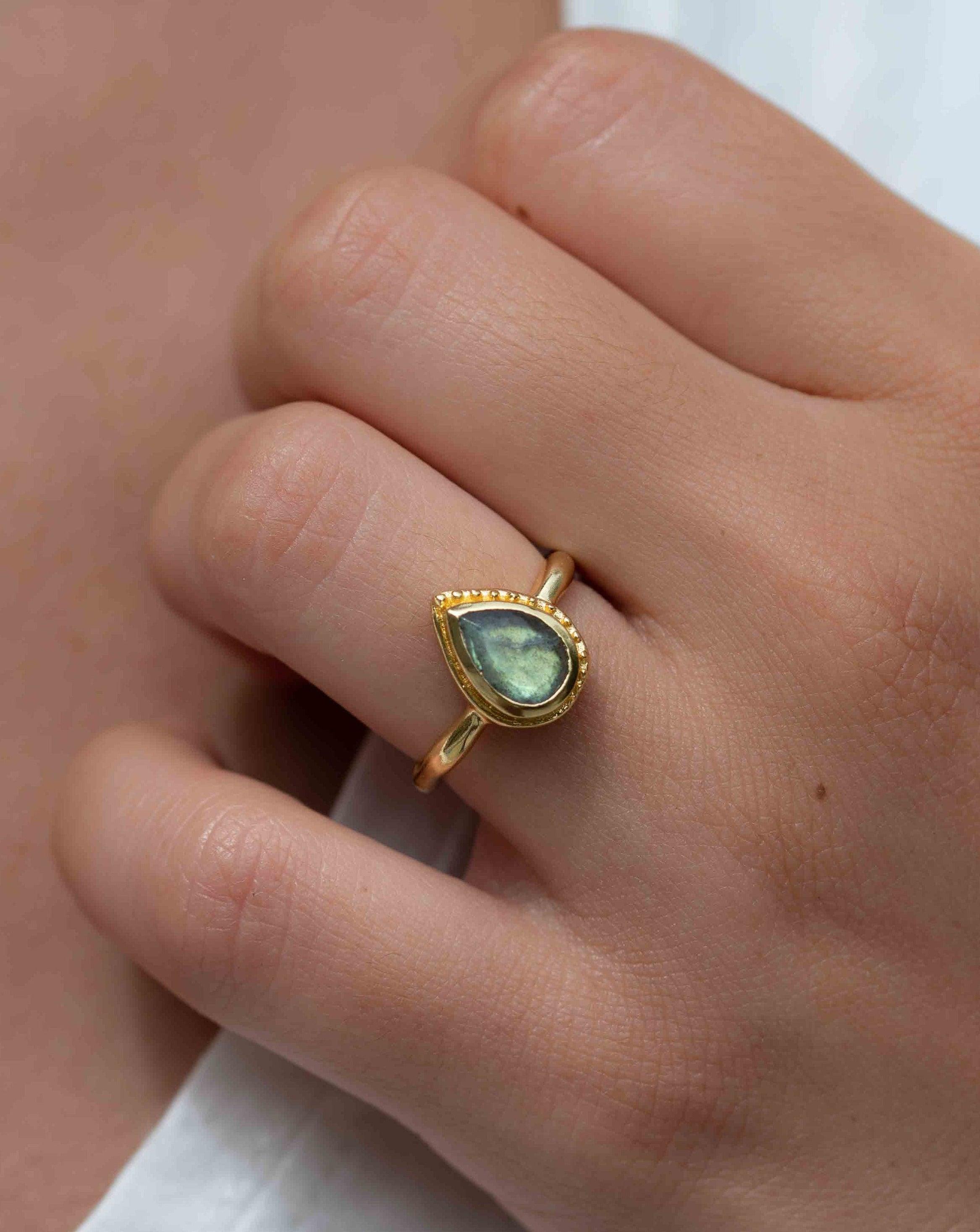 Rainbow Labradorite Tear Drop Ring ~ Gemstone ~ Natural ~ 18k Gold Plated ~ Jewelry ~ Handmade~February Birthstone - MR315
