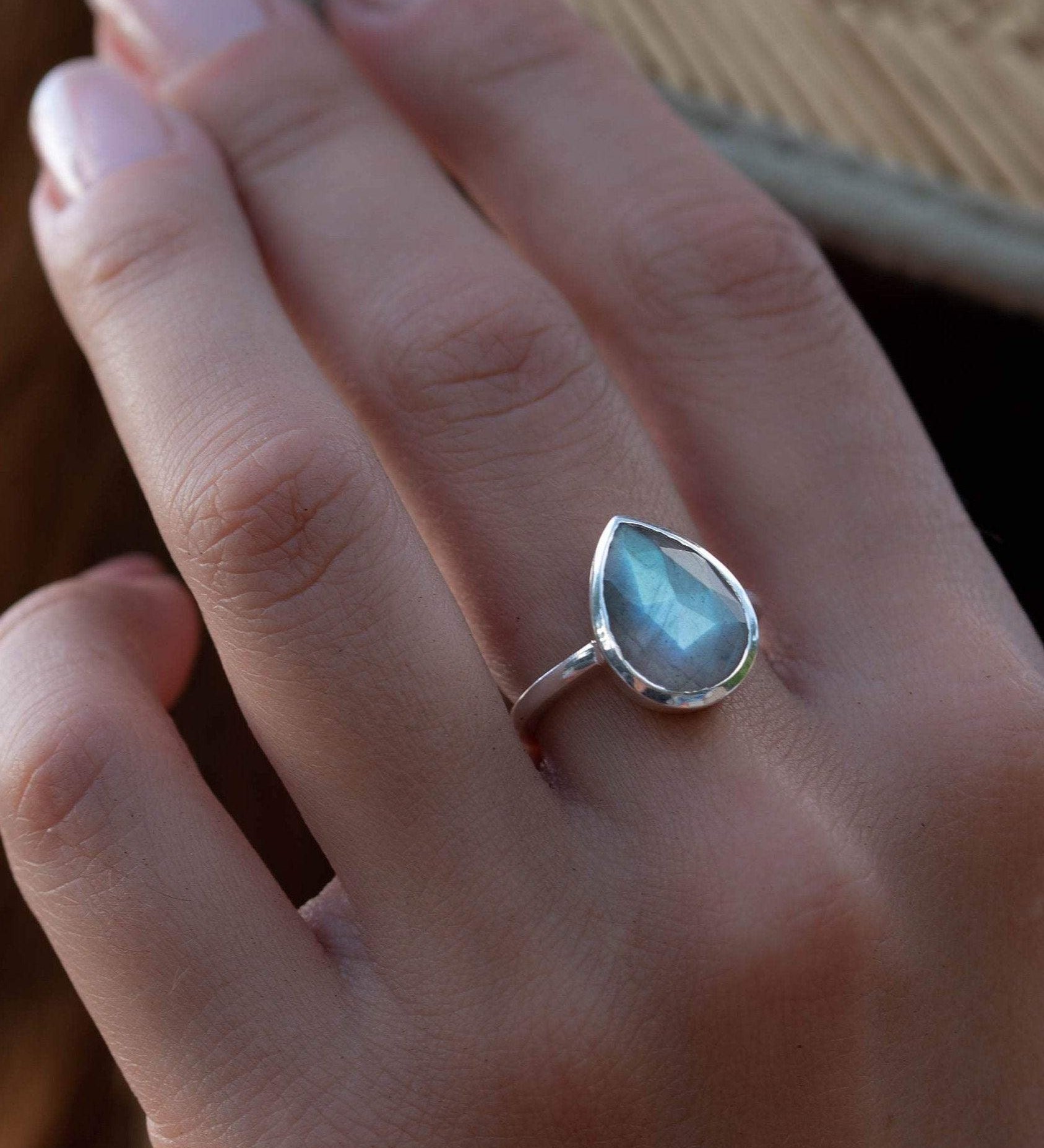 Rainbow Labradorite Tear Drop Ring ~ Gemstone ~ Natural ~ Sterling Silver 925~ Jewelry ~ Handmade~February Birthstone - MR225