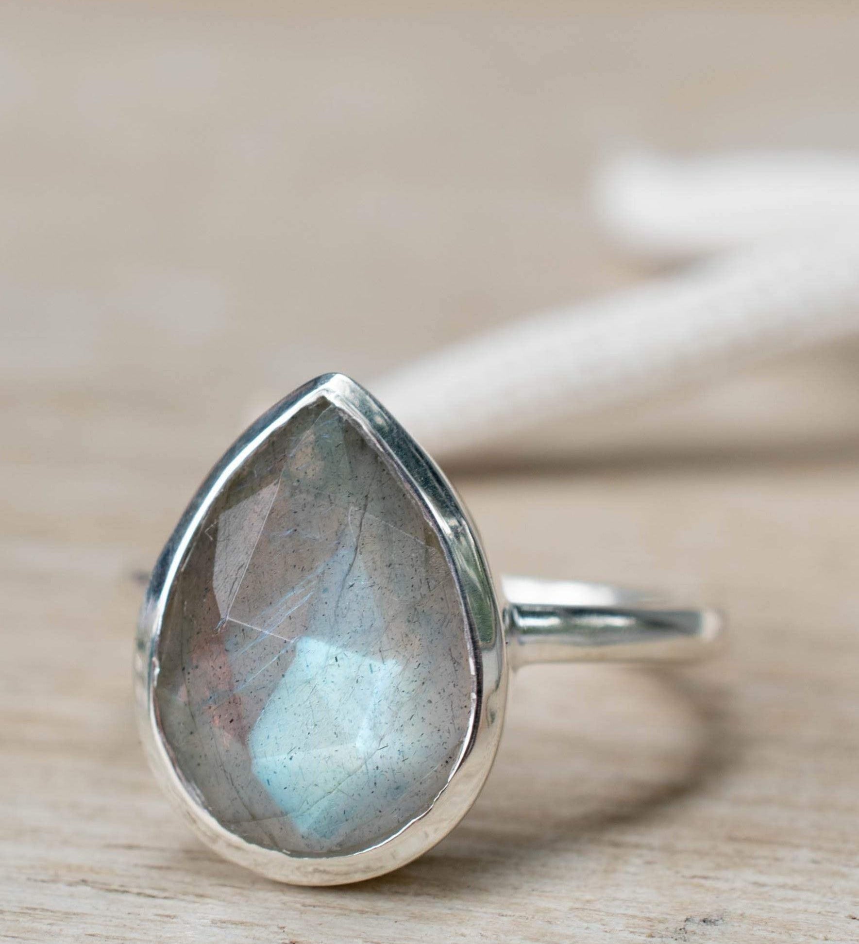 Rainbow Labradorite Tear Drop Ring ~ Gemstone ~ Natural ~ Sterling Silver 925~ Jewelry ~ Handmade~February Birthstone - MR225