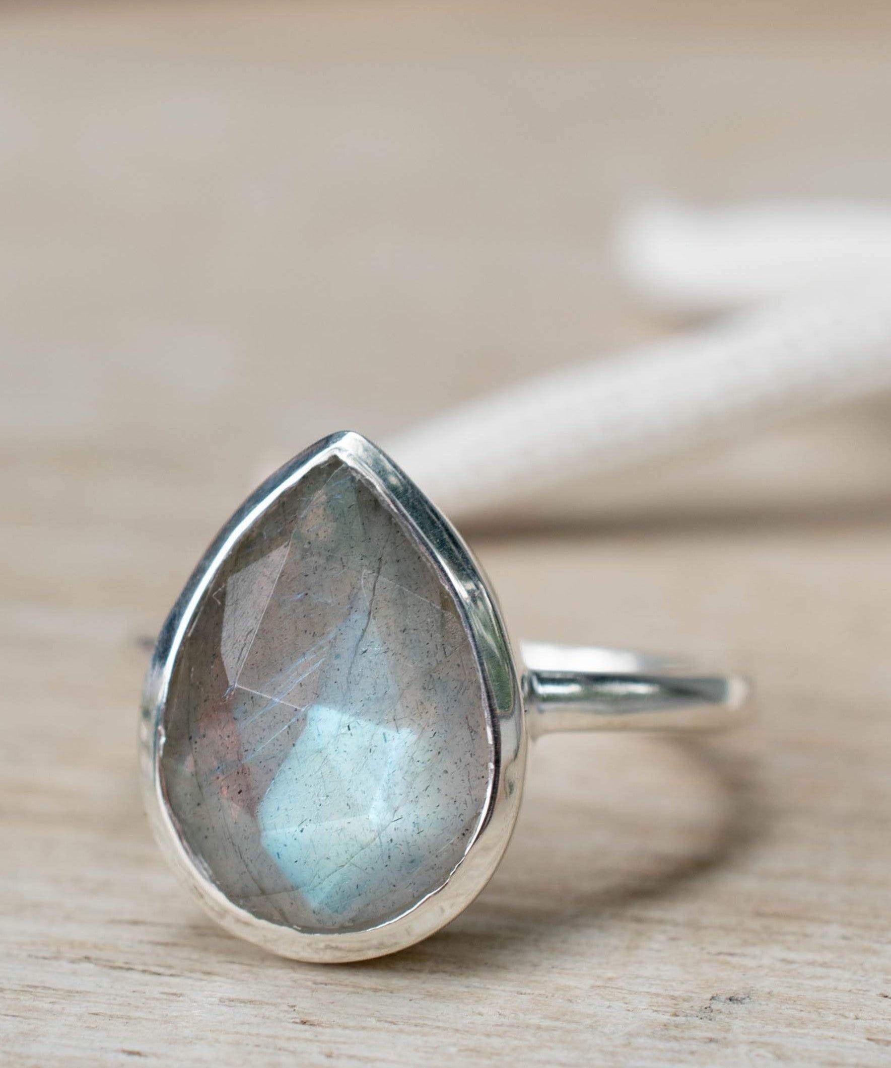 Rainbow Labradorite Tear Drop Ring ~ Gemstone ~ Natural ~ Sterling Silver 925~ Jewelry ~ Handmade~February Birthstone - MR225