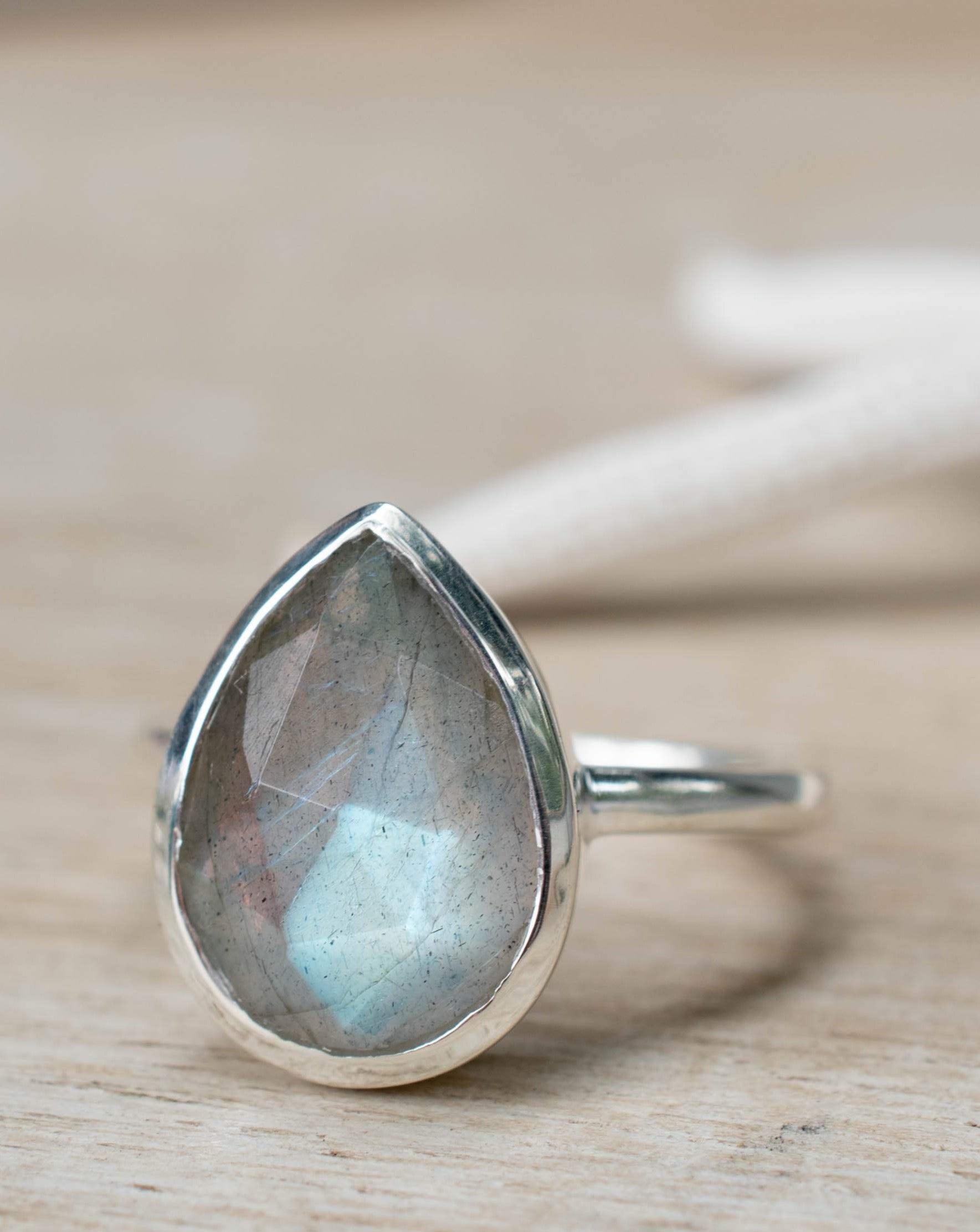 Rainbow Labradorite Tear Drop Ring ~ Gemstone ~ Natural ~ Sterling Silver 925~ Jewelry ~ Handmade~February Birthstone - MR225