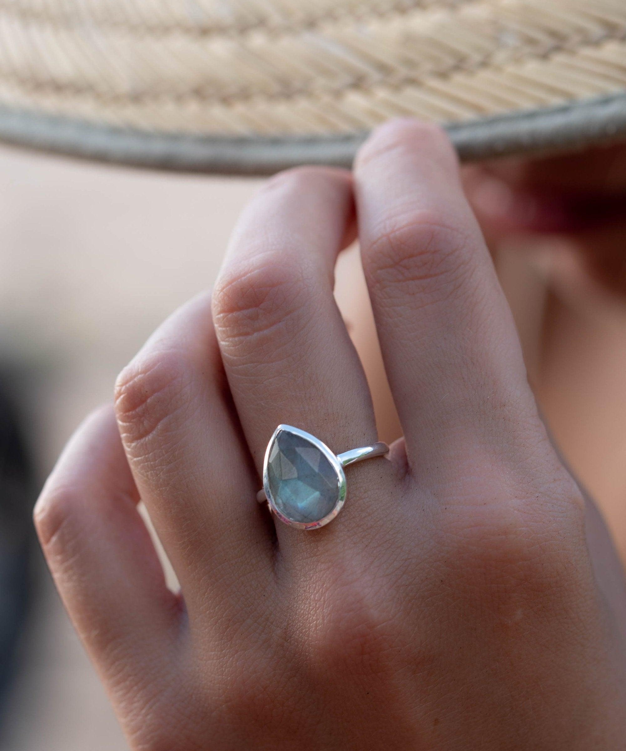 Rainbow Labradorite Tear Drop Ring ~ Gemstone ~ Natural ~ Sterling Silver 925~ Jewelry ~ Handmade~February Birthstone - MR225
