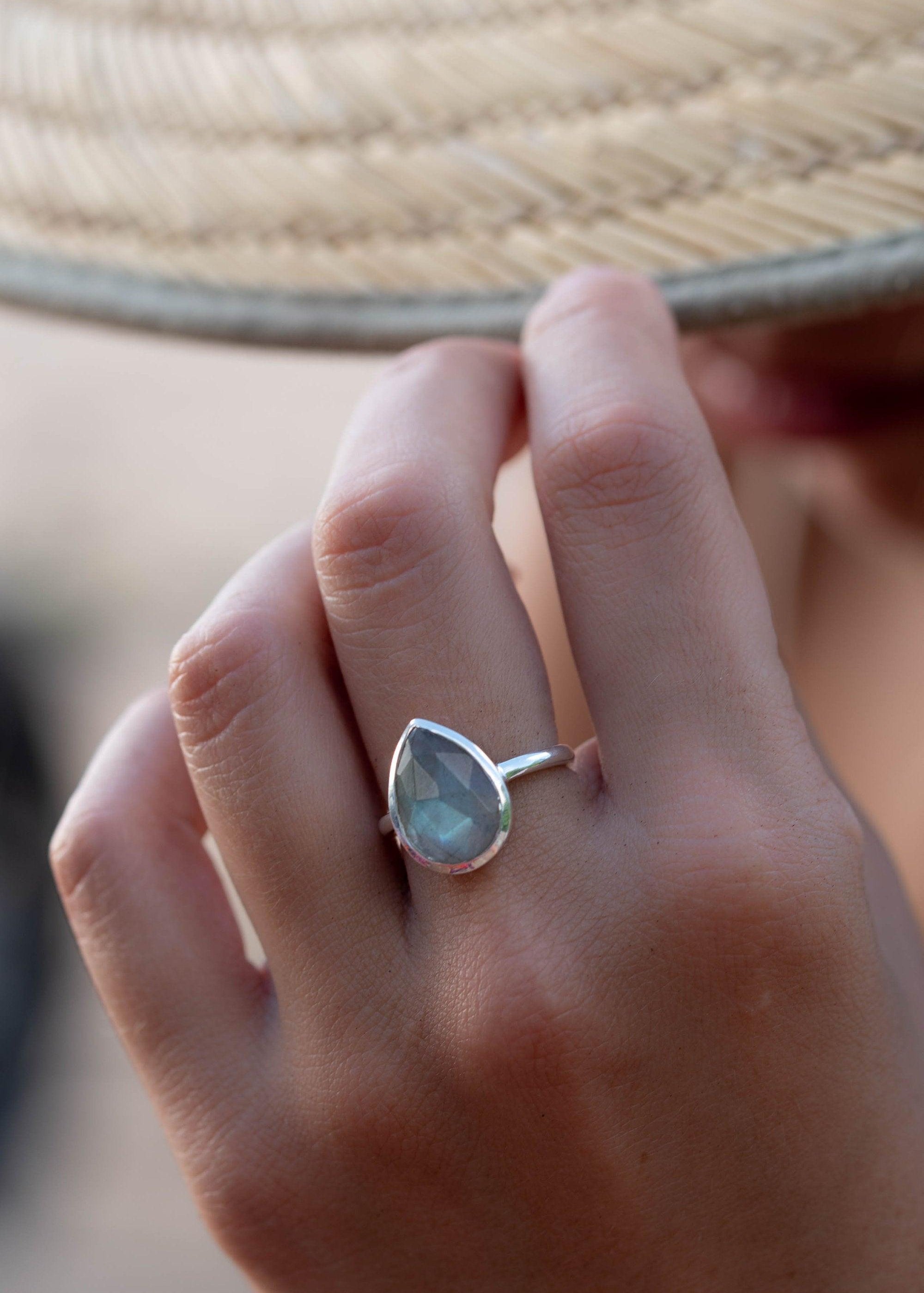 Rainbow Labradorite Tear Drop Ring ~ Gemstone ~ Natural ~ Sterling Silver 925~ Jewelry ~ Handmade~February Birthstone - MR225