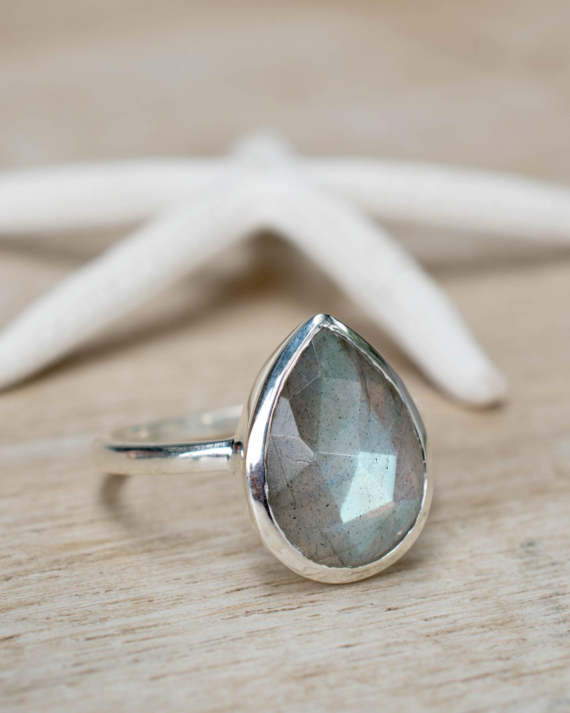 Rainbow Labradorite Tear Drop Ring ~ Gemstone ~ Natural ~ Sterling Silver 925~ Jewelry ~ Handmade~February Birthstone - MR225