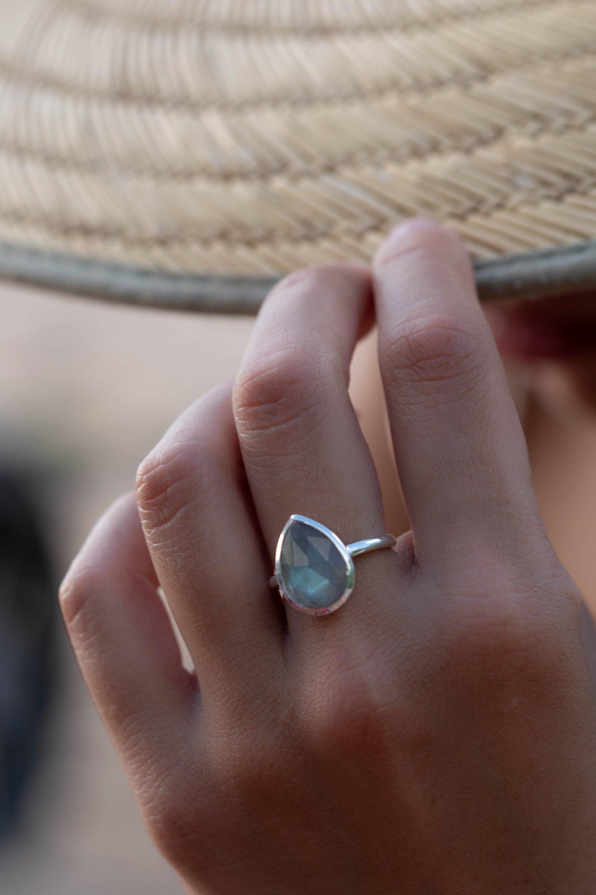 Rainbow Labradorite Tear Drop Ring ~ Gemstone ~ Natural ~ Sterling Silver 925~ Jewelry ~ Handmade~February Birthstone - MR225