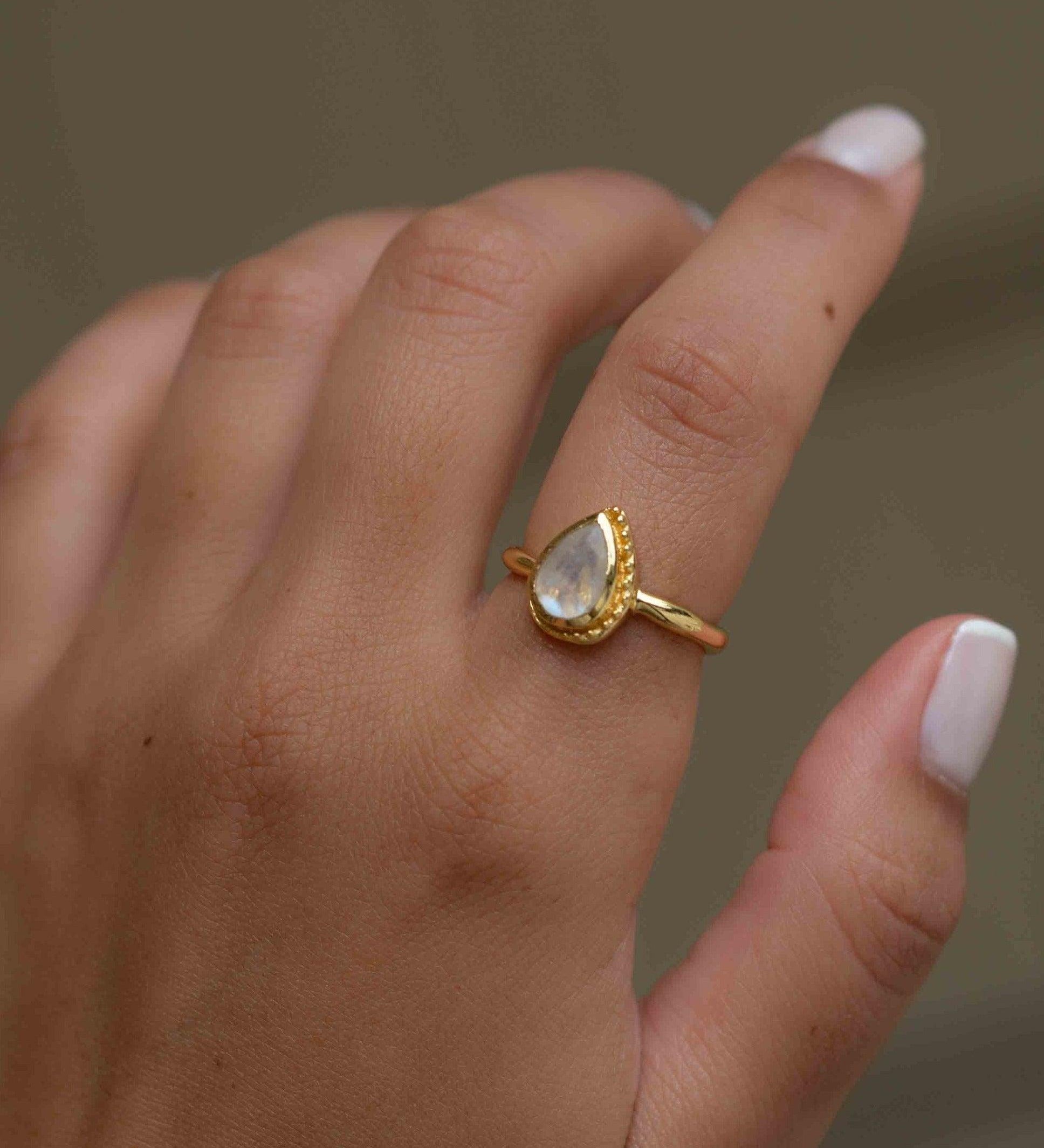 Rainbow Moonstone Tear Drop Ring ~ Gemstone ~ Natural ~ 18k Gold Plated ~ Jewelry ~ Handmade~June Birthstone - MR311