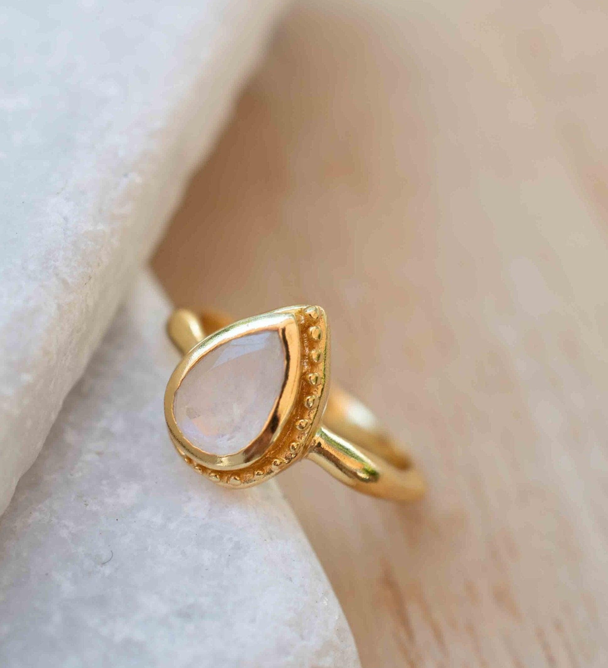 Rainbow Moonstone Tear Drop Ring ~ Gemstone ~ Natural ~ 18k Gold Plated ~ Jewelry ~ Handmade~June Birthstone - MR311