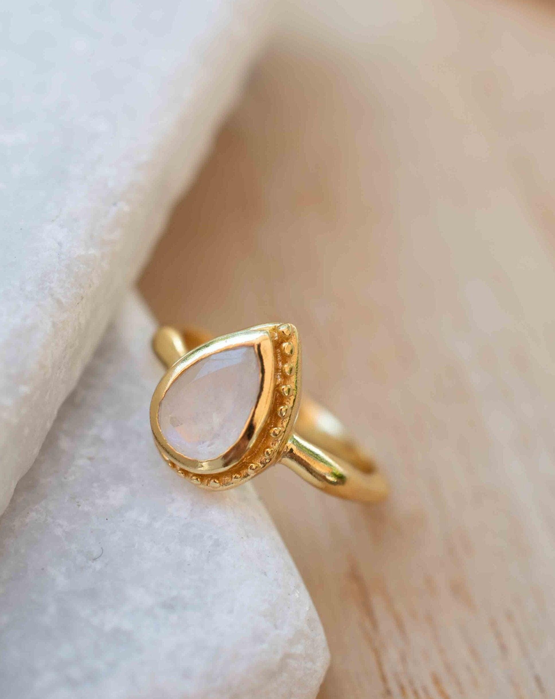 Rainbow Moonstone Tear Drop Ring ~ Gemstone ~ Natural ~ 18k Gold Plated ~ Jewelry ~ Handmade~June Birthstone - MR311