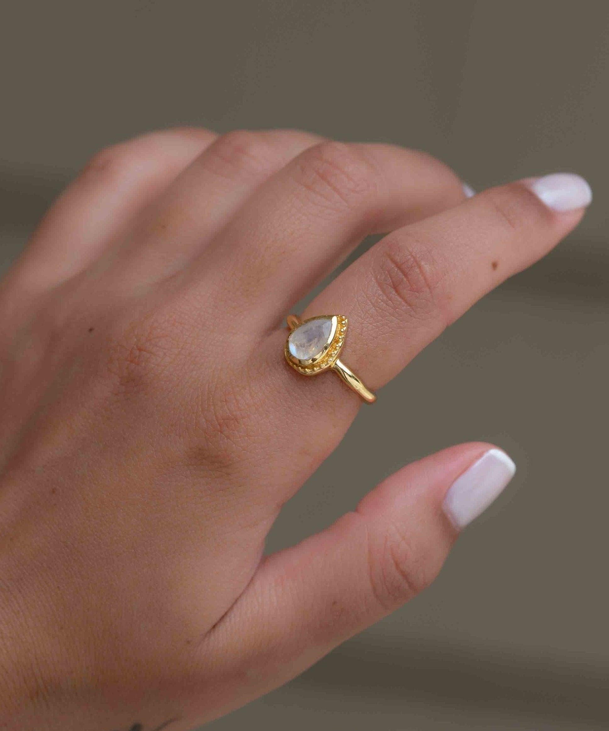 Rainbow Moonstone Tear Drop Ring ~ Gemstone ~ Natural ~ 18k Gold Plated ~ Jewelry ~ Handmade~June Birthstone - MR311
