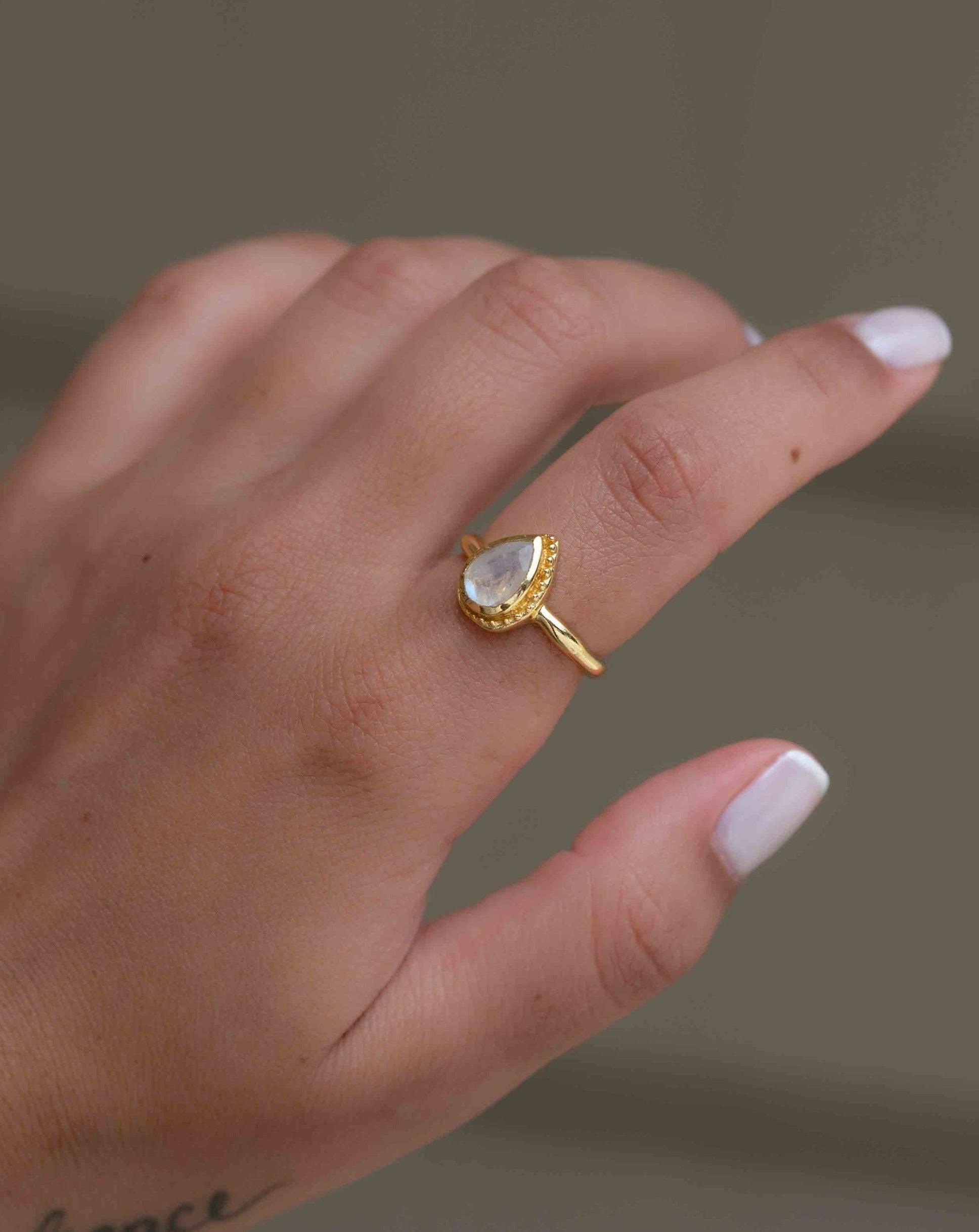 Rainbow Moonstone Tear Drop Ring ~ Gemstone ~ Natural ~ 18k Gold Plated ~ Jewelry ~ Handmade~June Birthstone - MR311