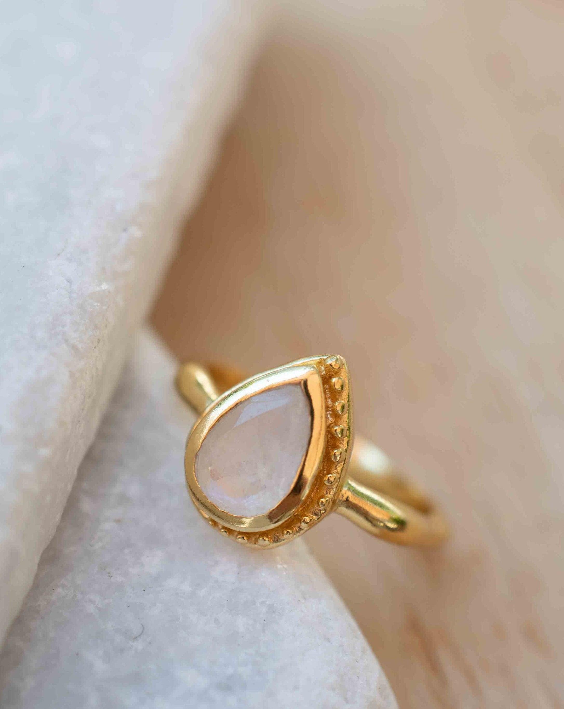 Rainbow Moonstone Tear Drop Ring ~ Gemstone ~ Natural ~ 18k Gold Plated ~ Jewelry ~ Handmade~June Birthstone - MR311