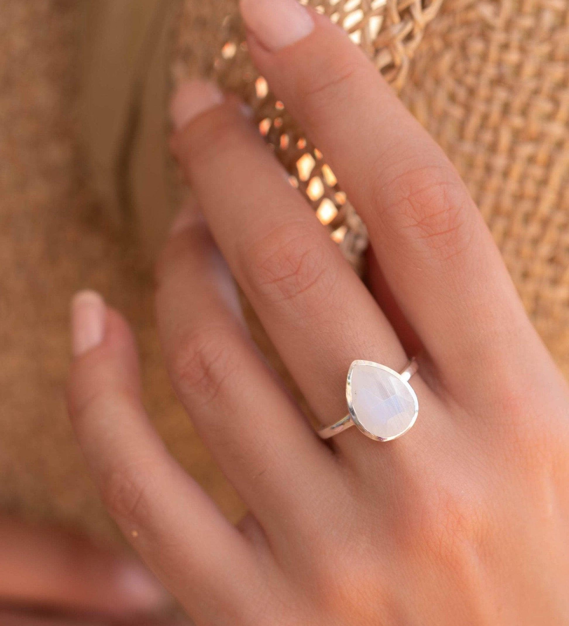 Rainbow Moonstone Tear Drop Ring ~ Gemstone ~ Natural ~ Sterling Silver 925 ~ Jewelry ~ Handmade~June Birthstone MR223