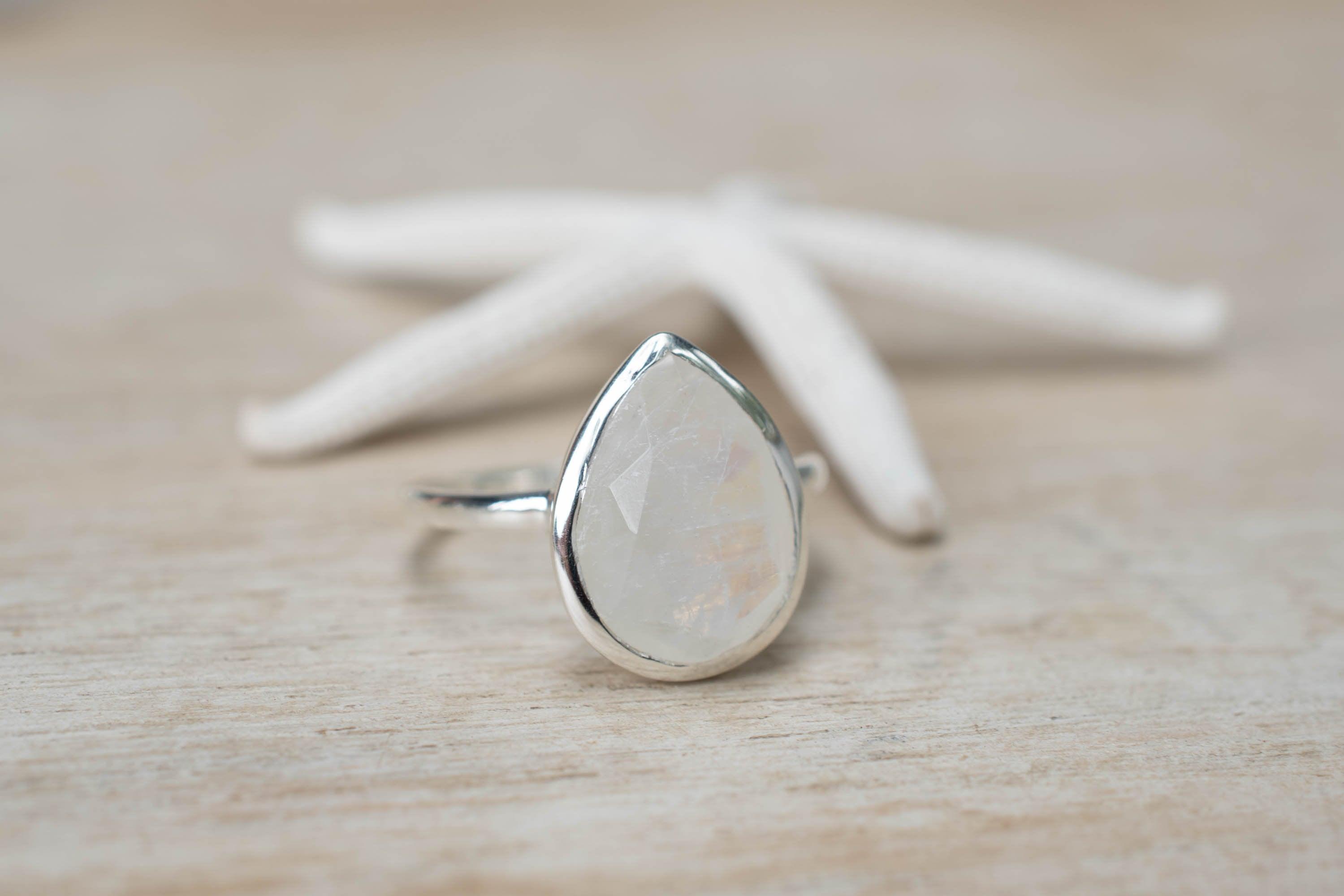 Rainbow Moonstone Tear Drop Ring ~ Gemstone ~ Natural ~ Sterling Silver 925 ~ Jewelry ~ Handmade~June Birthstone MR223