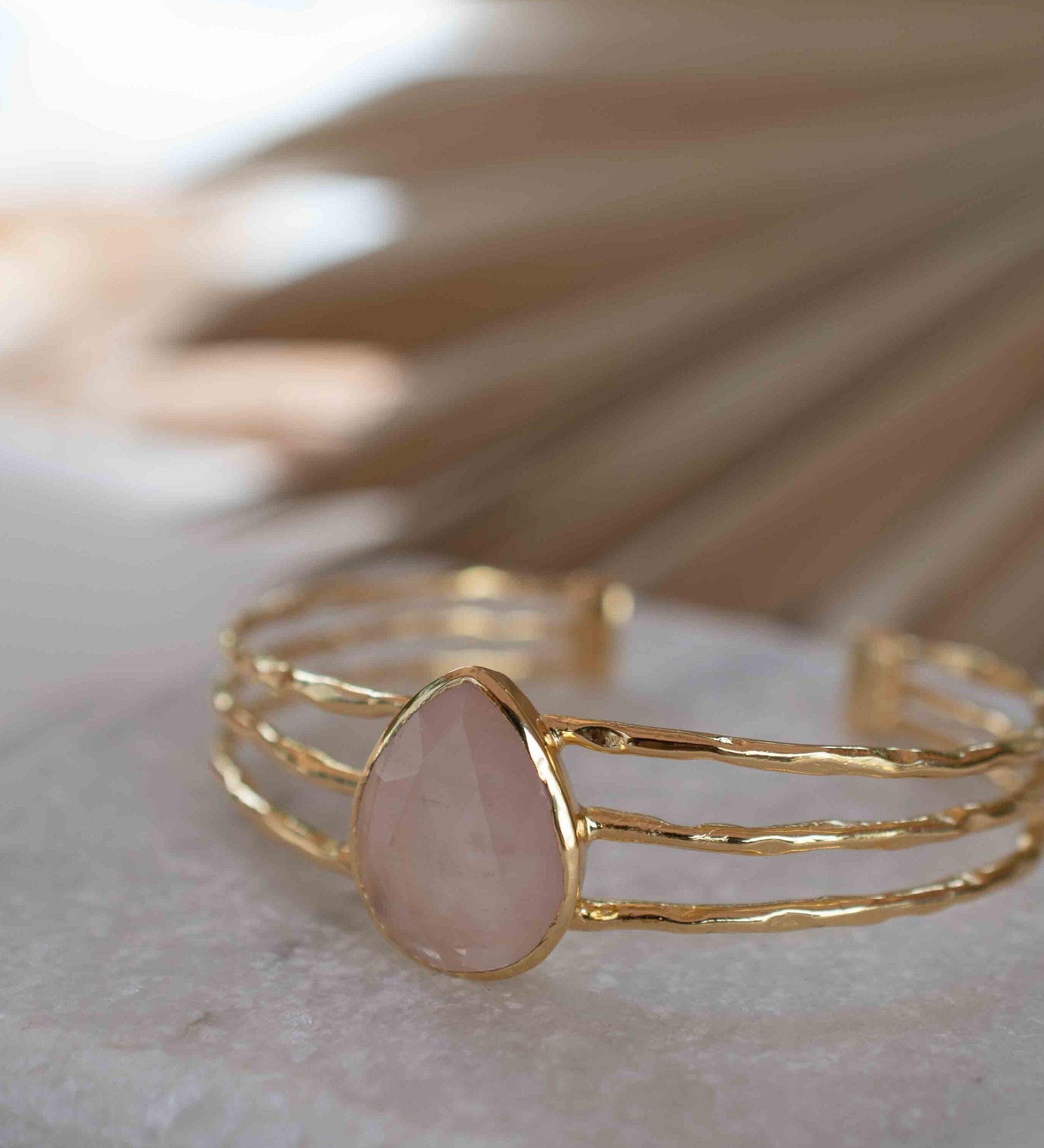 Rose quartz Adjustable Bracelet ~ Gold Plated 18k ~ Handmade ~Statement  Hippie ~Bohemian ~Jewelry ~Gift For Her ~Gemstone ~Body MB045