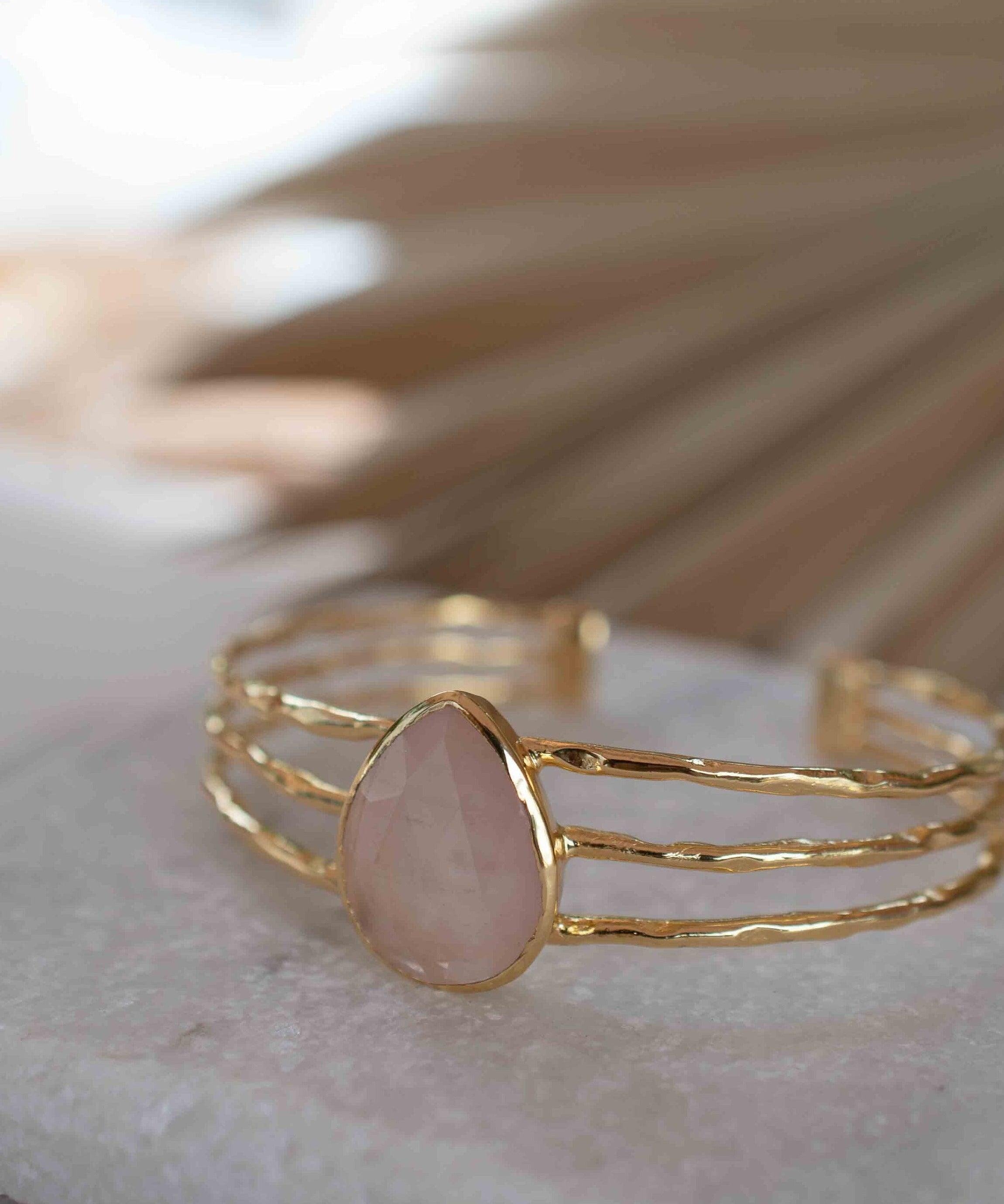 Rose quartz Adjustable Bracelet ~ Gold Plated 18k ~ Handmade ~Statement  Hippie ~Bohemian ~Jewelry ~Gift For Her ~Gemstone ~Body MB045