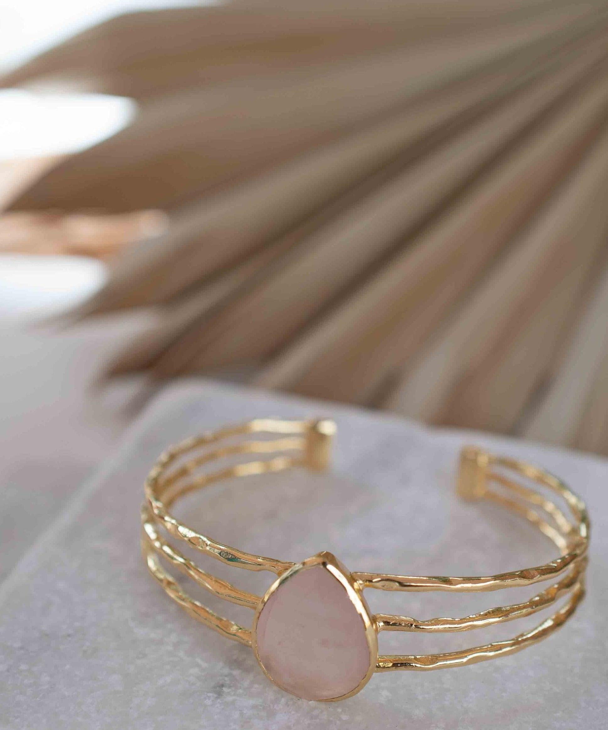 Rose quartz Adjustable Bracelet ~ Gold Plated 18k ~ Handmade ~Statement  Hippie ~Bohemian ~Jewelry ~Gift For Her ~Gemstone ~Body MB045