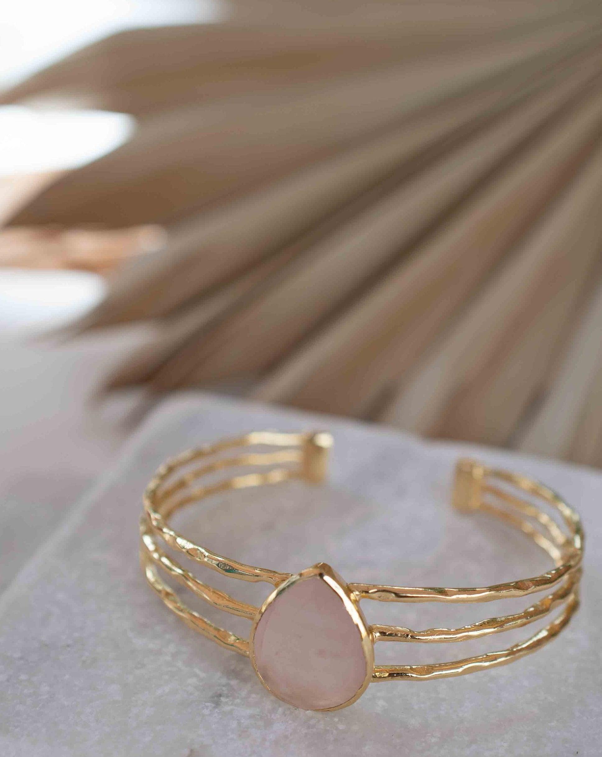 Rose quartz Adjustable Bracelet ~ Gold Plated 18k ~ Handmade ~Statement  Hippie ~Bohemian ~Jewelry ~Gift For Her ~Gemstone ~Body MB045