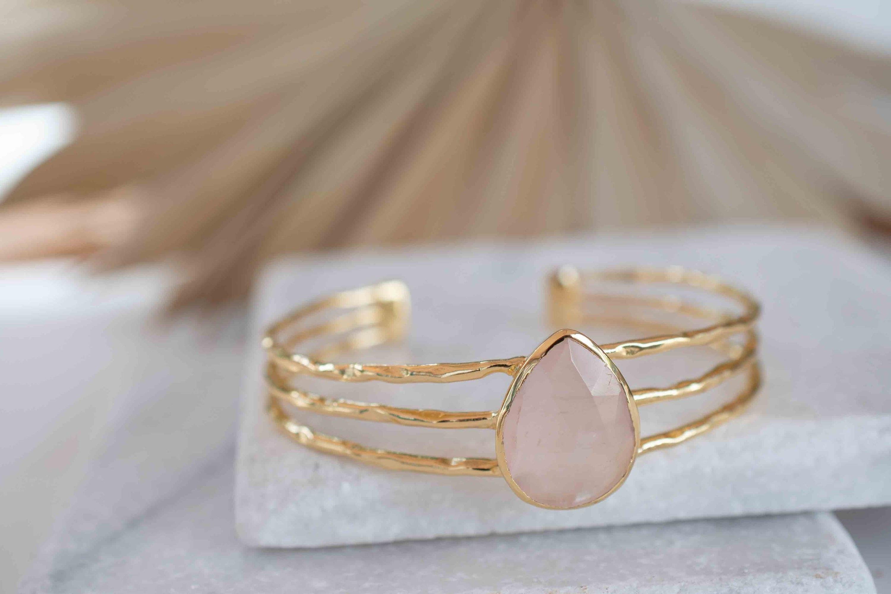 Rose quartz Adjustable Bracelet ~ Gold Plated 18k ~ Handmade ~Statement  Hippie ~Bohemian ~Jewelry ~Gift For Her ~Gemstone ~Body MB045