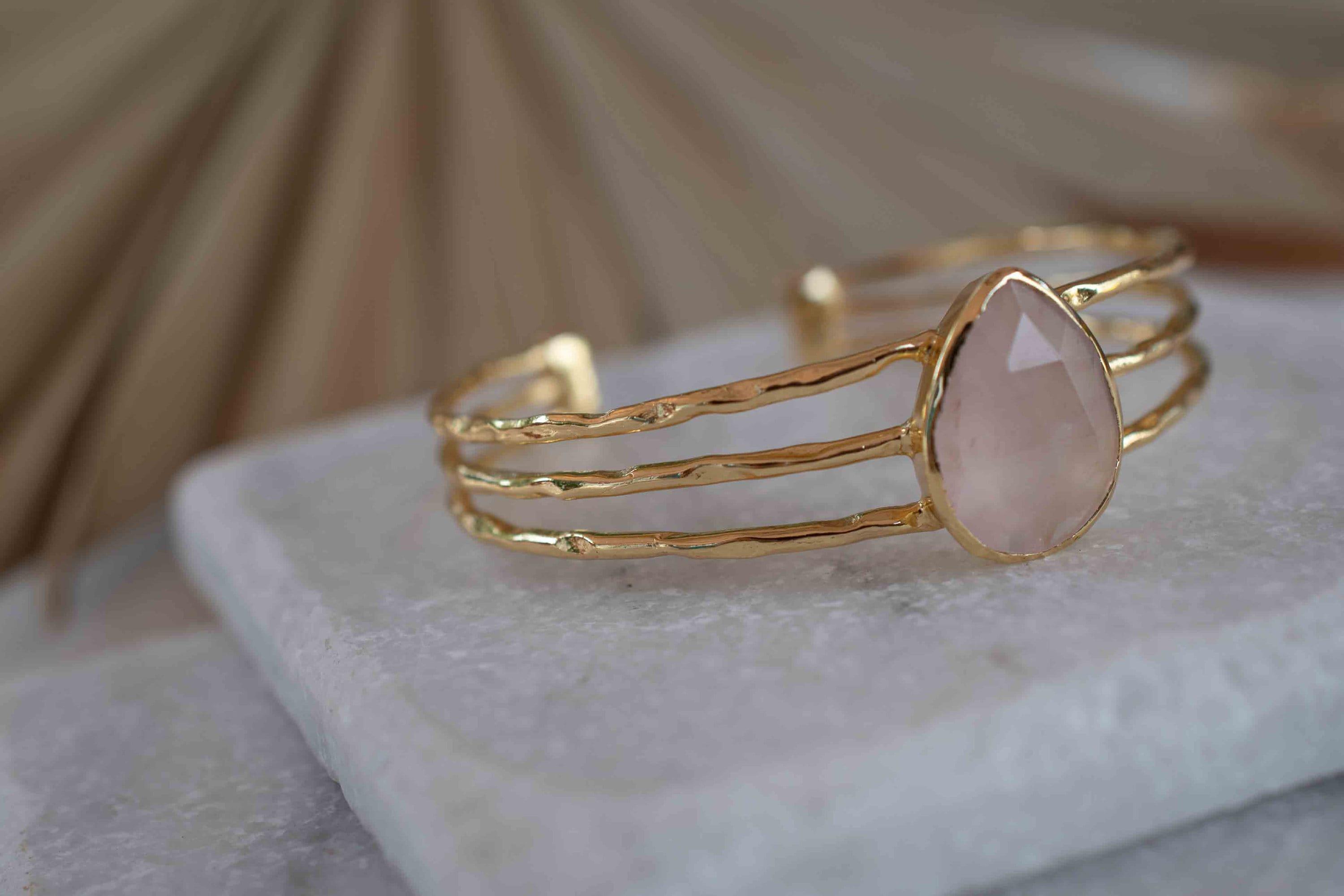 Rose quartz Adjustable Bracelet ~ Gold Plated 18k ~ Handmade ~Statement  Hippie ~Bohemian ~Jewelry ~Gift For Her ~Gemstone ~Body MB045