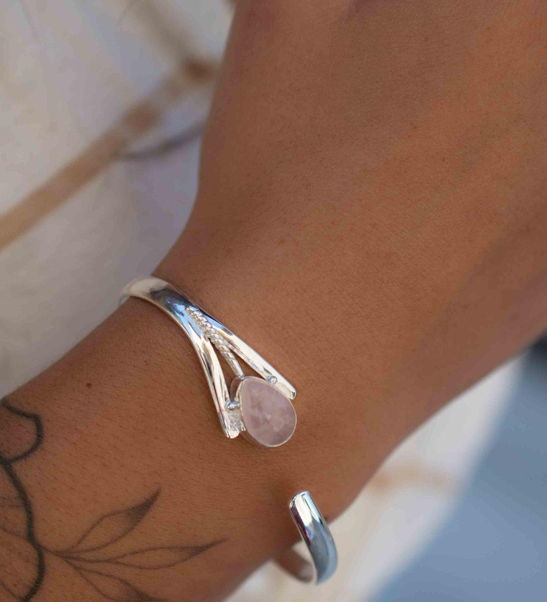 Rose Quartz Adjustable Bracelet ~ Sterling Silver 925 ~ Handmade ~ Statement ~Jewelry~ Minimalist ~ Genuine Stone ~ MB062