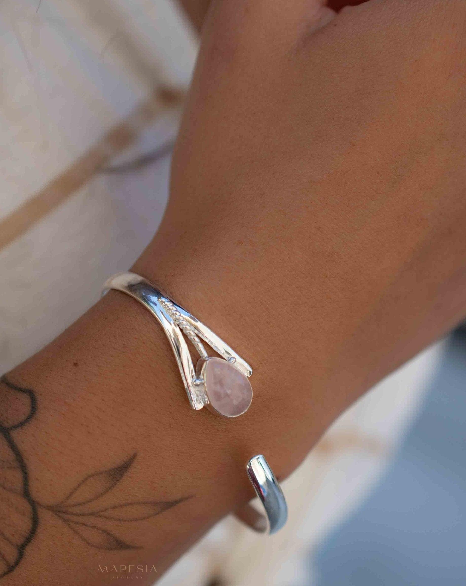 Rose Quartz Adjustable Bracelet ~ Sterling Silver 925 ~ Handmade ~ Statement ~Jewelry~ Minimalist ~ Genuine Stone ~ MB062