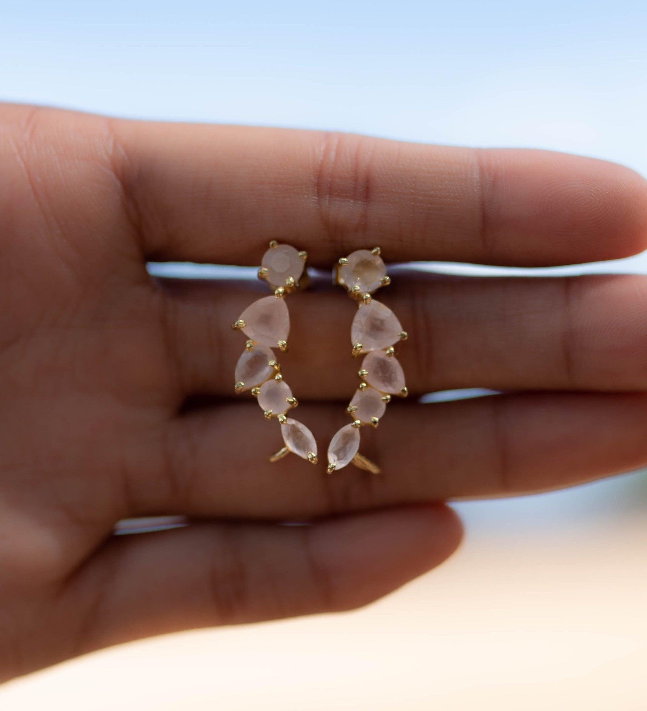 Rose Quartz Ear Climber Earrings ~ Stud ~ Jewelry ~ 18k Gold Plated ~ Natural ~ Minimalist Everyday ~ Gift for Her ~ Boho ~ Hippie ~ ME153