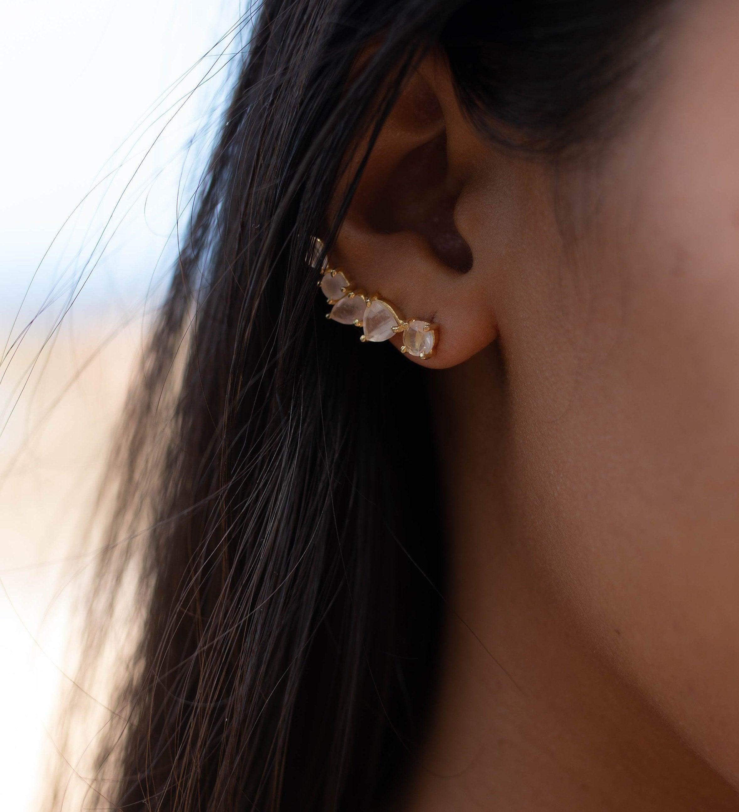 Rose Quartz Ear Climber Earrings ~ Stud ~ Jewelry ~ 18k Gold Plated ~ Natural ~ Minimalist Everyday ~ Gift for Her ~ Boho ~ Hippie ~ ME153