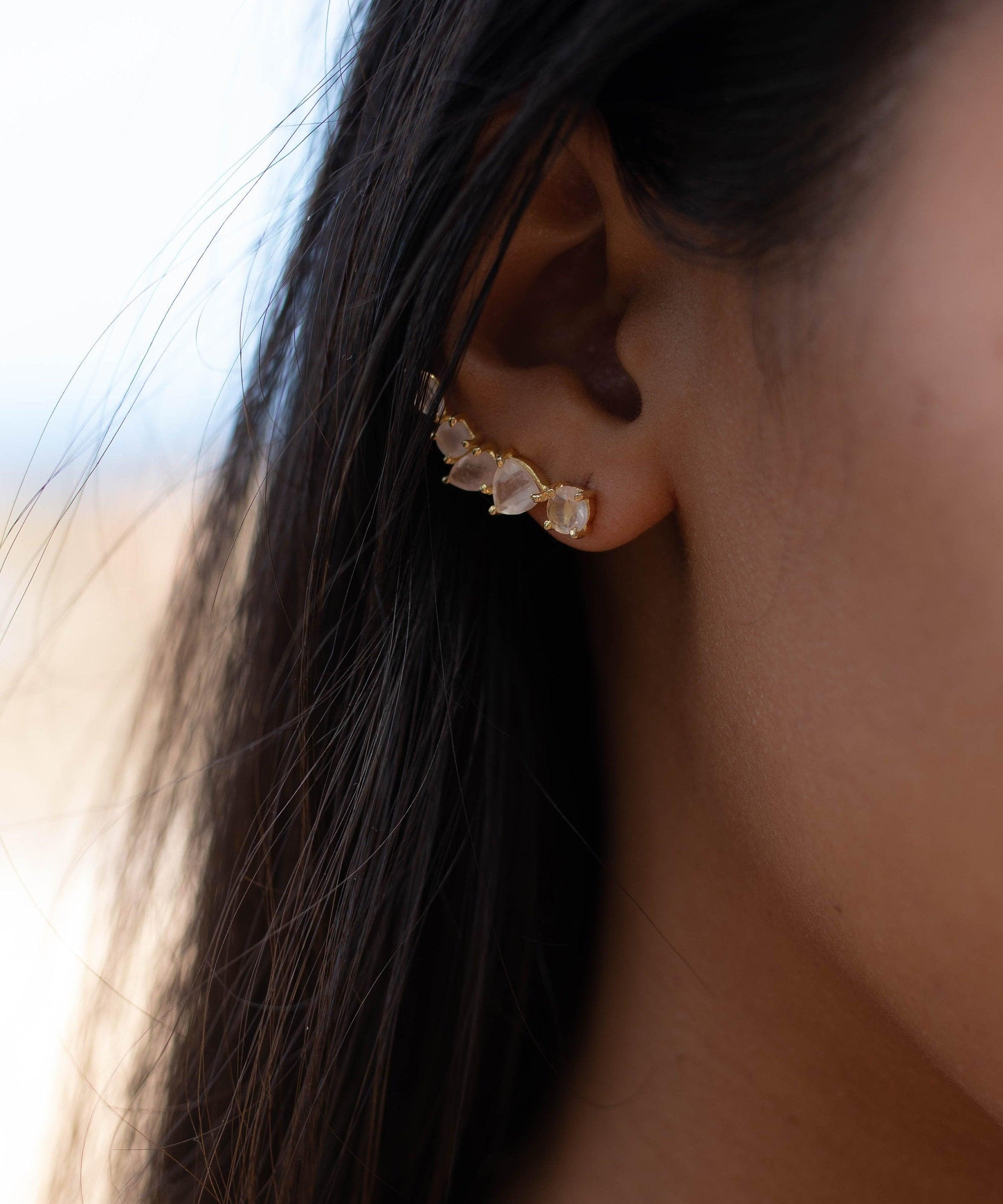 Rose Quartz Ear Climber Earrings ~ Stud ~ Jewelry ~ 18k Gold Plated ~ Natural ~ Minimalist Everyday ~ Gift for Her ~ Boho ~ Hippie ~ ME153