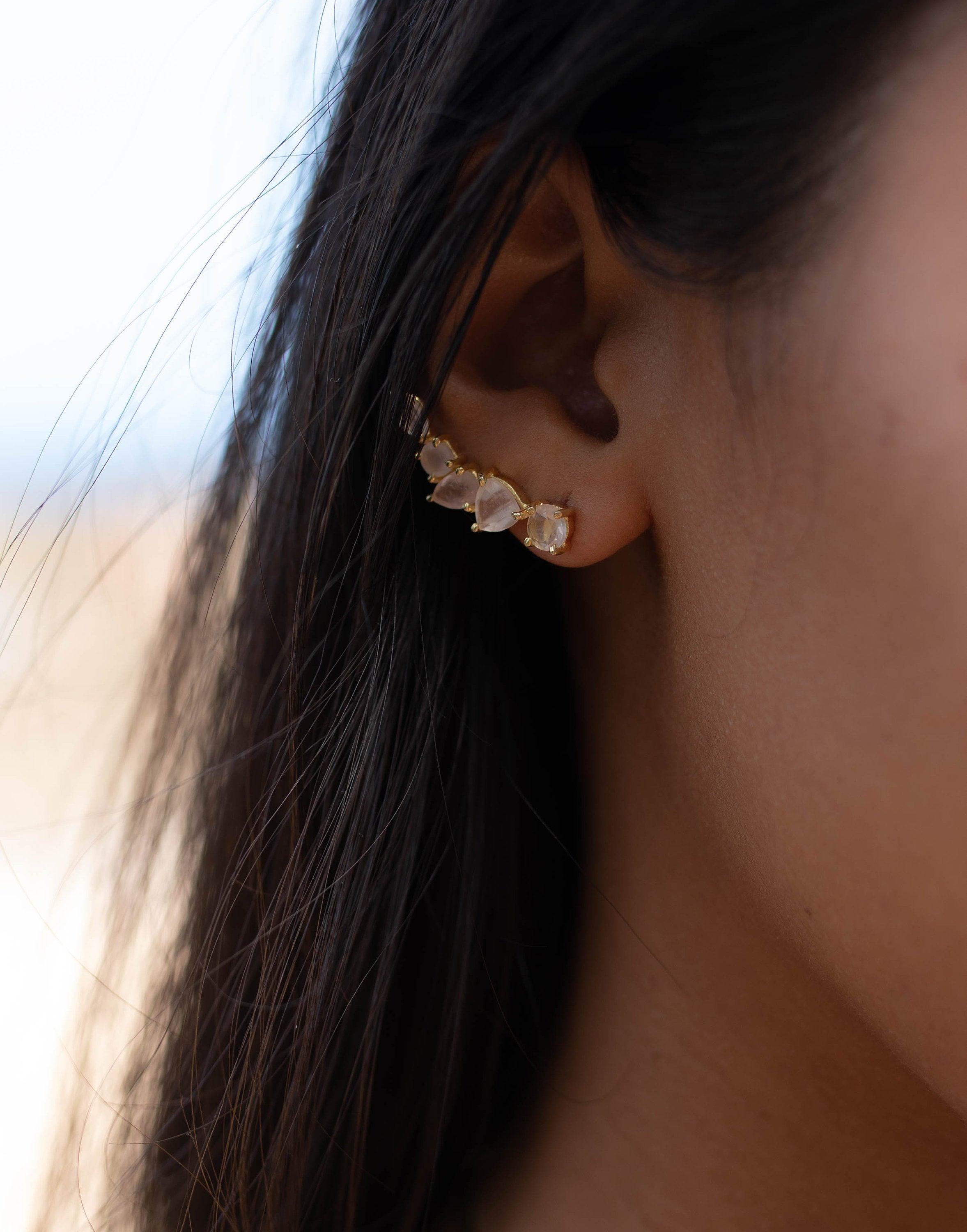 Rose Quartz Ear Climber Earrings ~ Stud ~ Jewelry ~ 18k Gold Plated ~ Natural ~ Minimalist Everyday ~ Gift for Her ~ Boho ~ Hippie ~ ME153