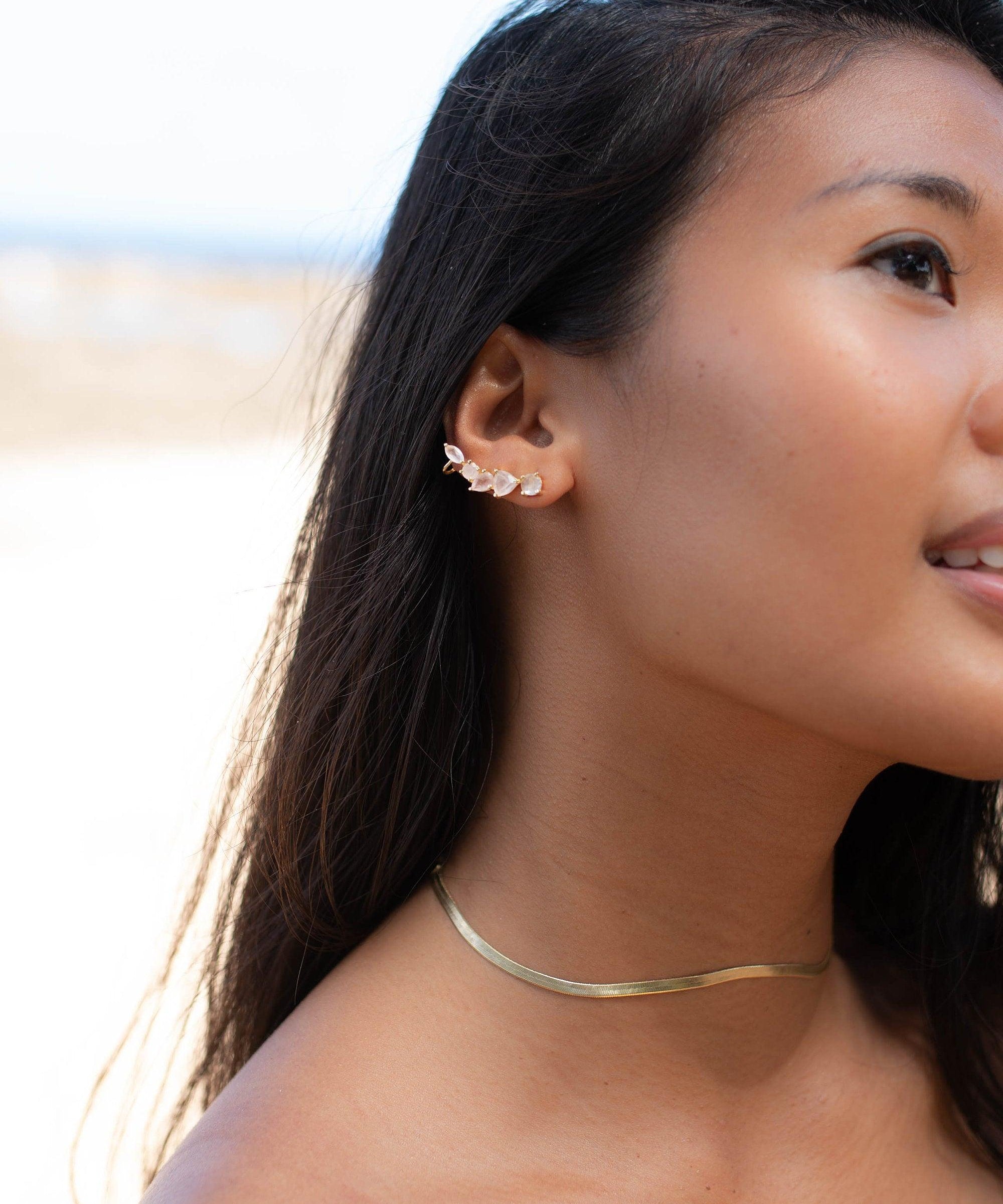 Rose Quartz Ear Climber Earrings ~ Stud ~ Jewelry ~ 18k Gold Plated ~ Natural ~ Minimalist Everyday ~ Gift for Her ~ Boho ~ Hippie ~ ME153