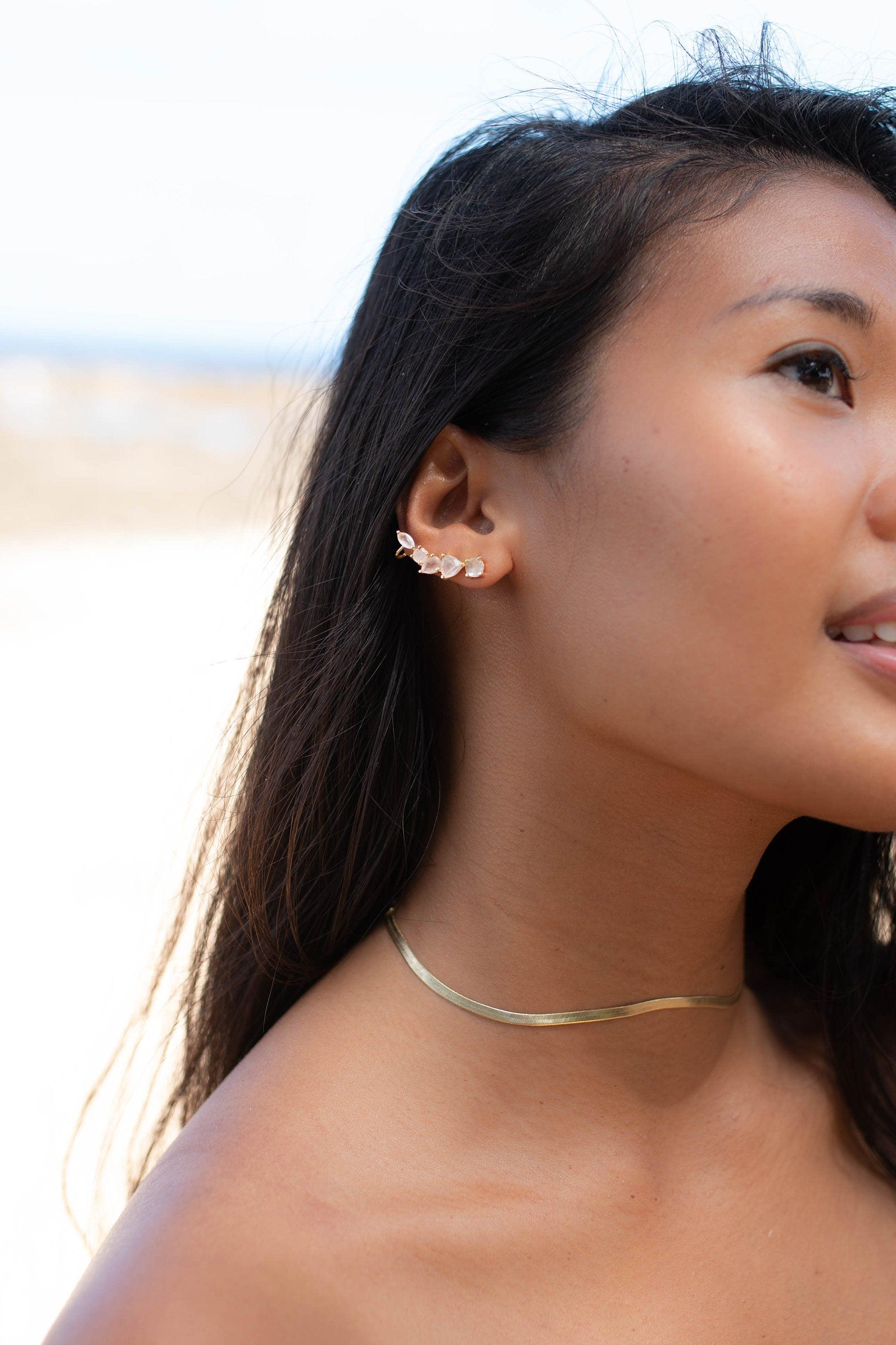 Rose Quartz Ear Climber Earrings ~ Stud ~ Jewelry ~ 18k Gold Plated ~ Natural ~ Minimalist Everyday ~ Gift for Her ~ Boho ~ Hippie ~ ME153