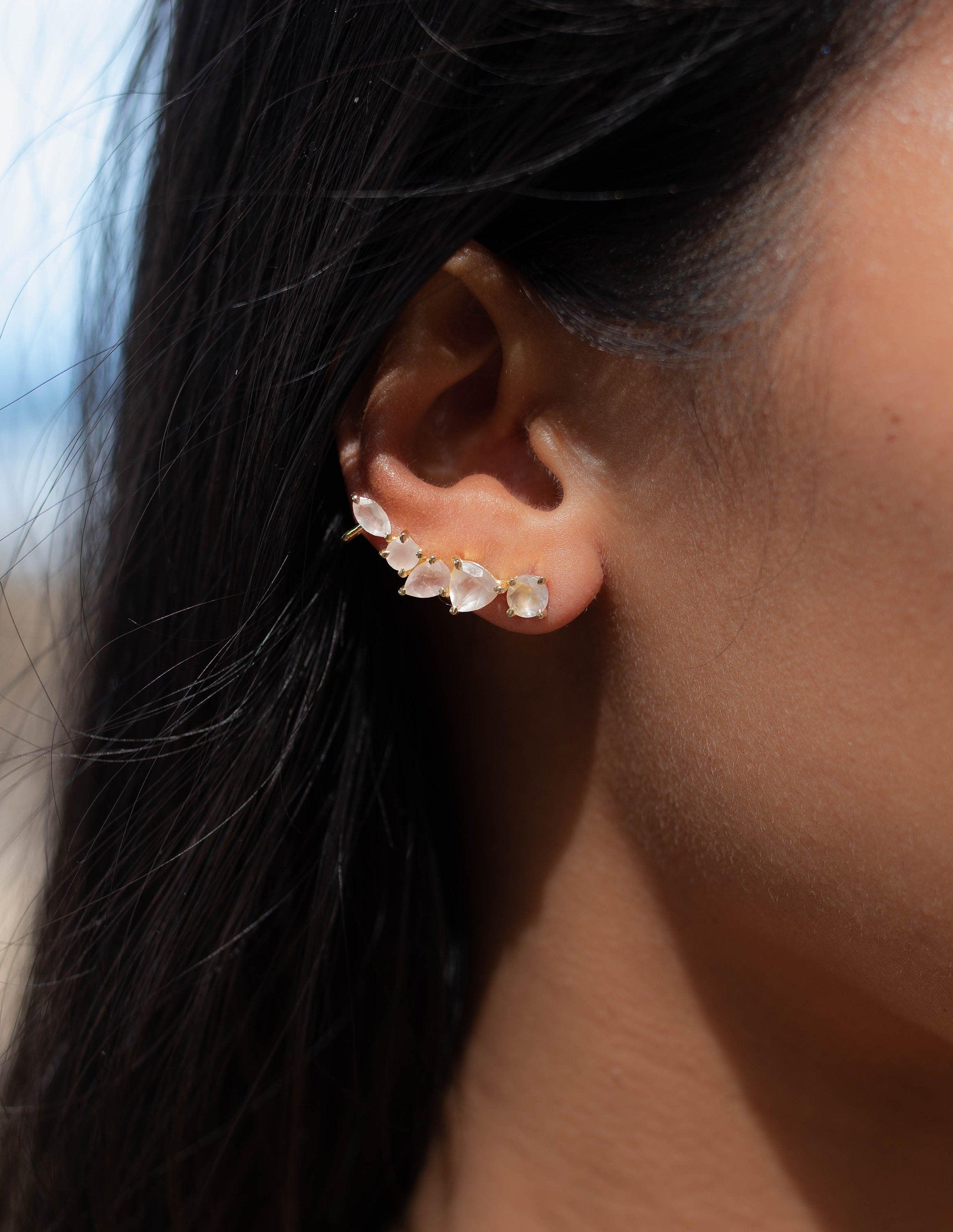 Rose Quartz Ear Climber Earrings ~ Stud ~ Jewelry ~ 18k Gold Plated ~ Natural ~ Minimalist Everyday ~ Gift for Her ~ Boho ~ Hippie ~ ME153