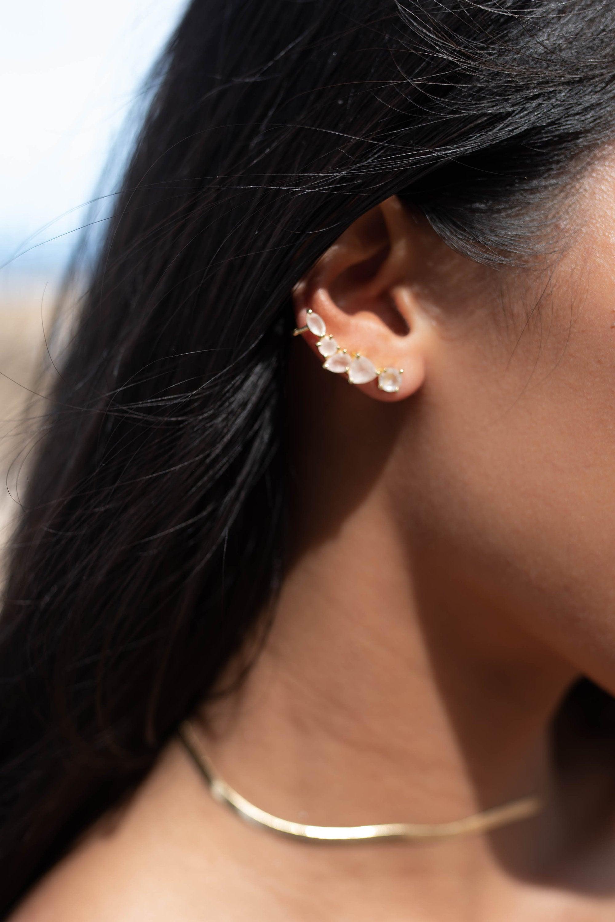 Rose Quartz Ear Climber Earrings ~ Stud ~ Jewelry ~ 18k Gold Plated ~ Natural ~ Minimalist Everyday ~ Gift for Her ~ Boho ~ Hippie ~ ME153