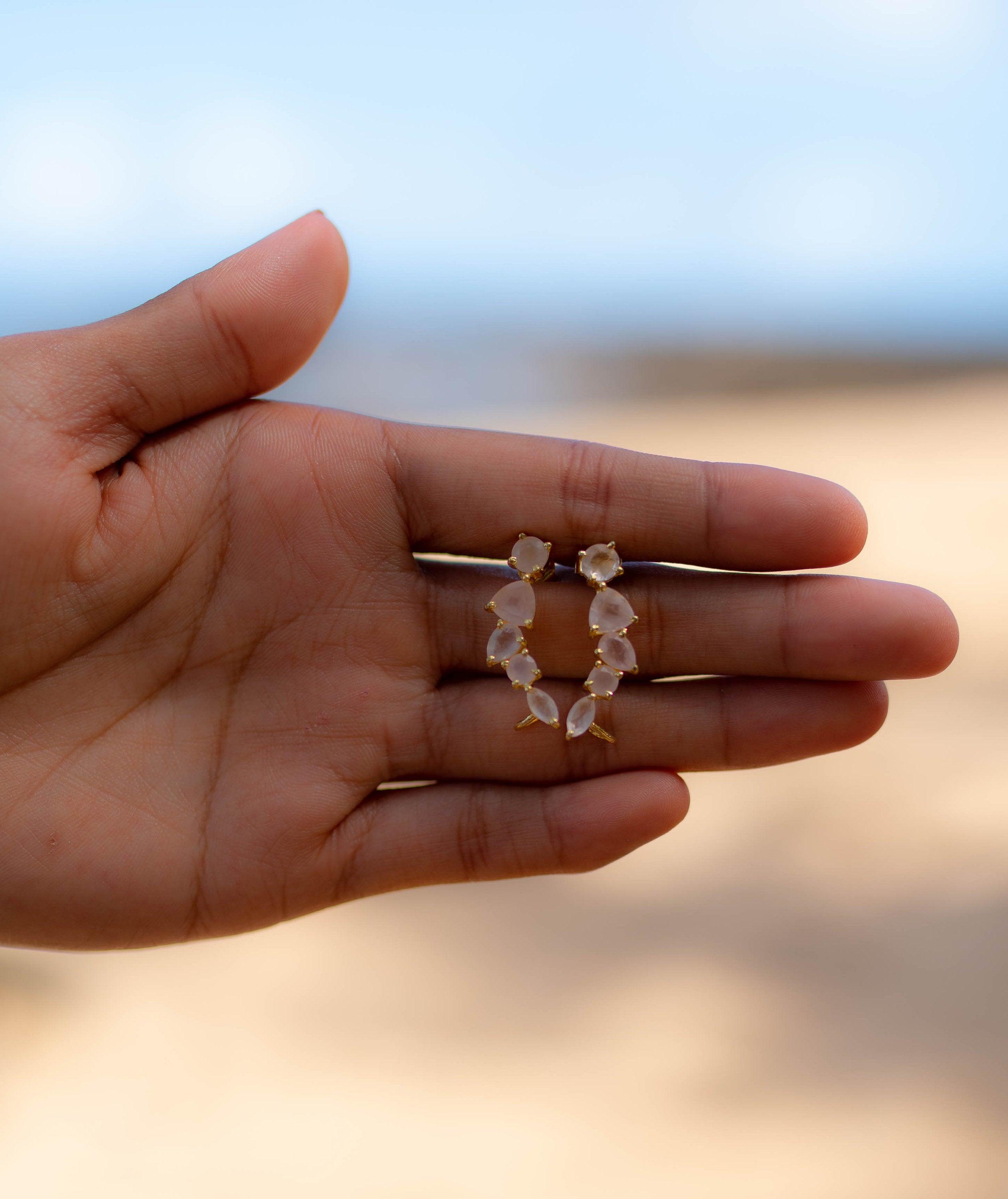 Rose Quartz Ear Climber Earrings ~ Stud ~ Jewelry ~ 18k Gold Plated ~ Natural ~ Minimalist Everyday ~ Gift for Her ~ Boho ~ Hippie ~ ME153