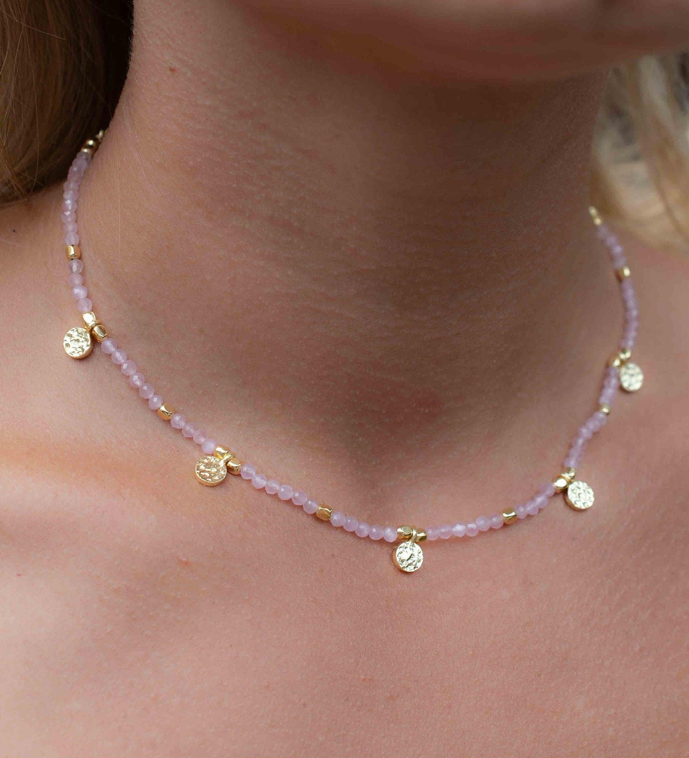 Rose Quartz Necklace ~ Gold Plated 18k ~Choker ~ Jewelry ~ Gift For Her ~ Minimalist~ Handmade~ Thin Chain~ Delicate ~Layered ~ MN104