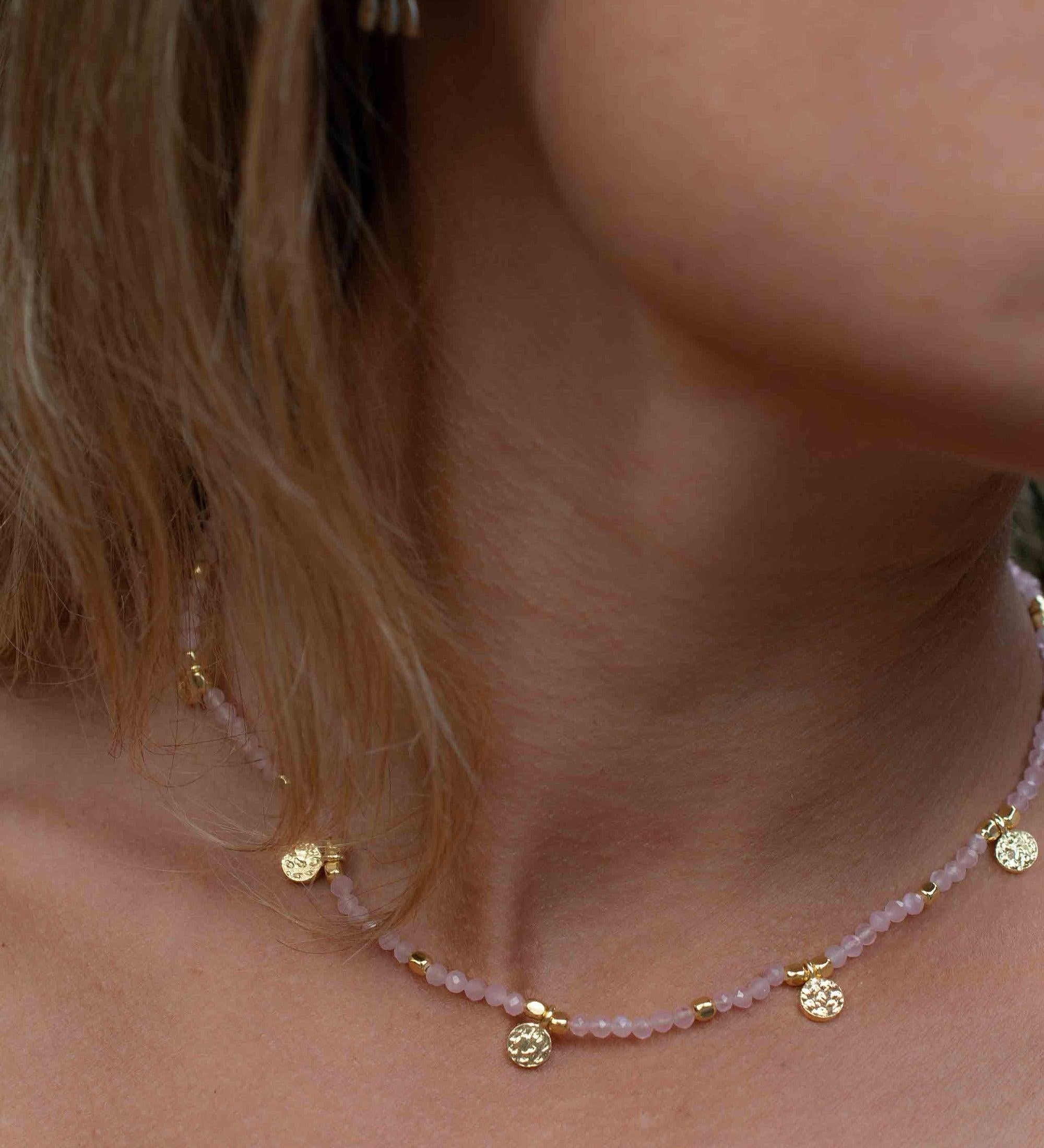 Rose Quartz Necklace ~ Gold Plated 18k ~Choker ~ Jewelry ~ Gift For Her ~ Minimalist~ Handmade~ Thin Chain~ Delicate ~Layered ~ MN104