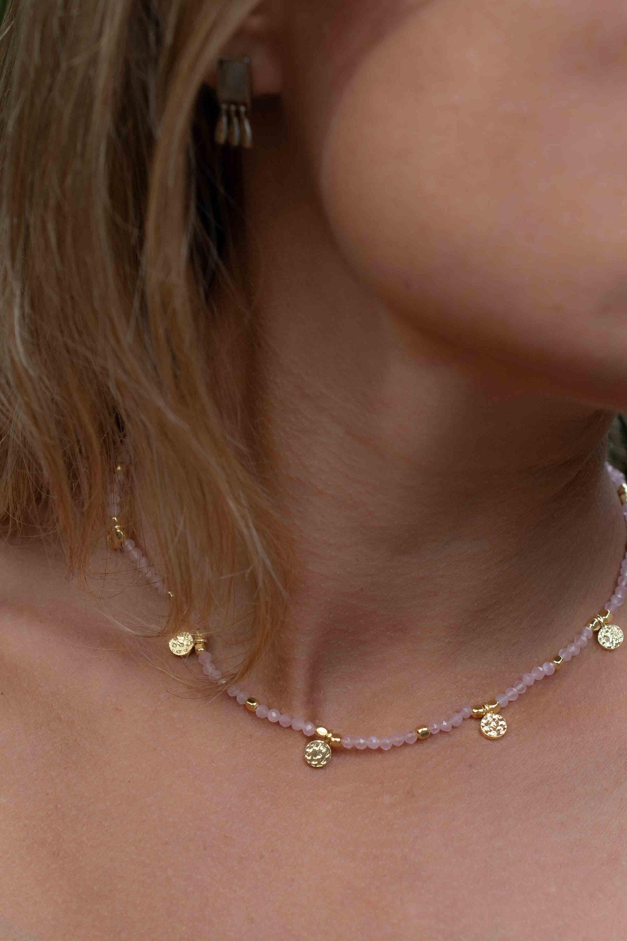 Rose Quartz Necklace ~ Gold Plated 18k ~Choker ~ Jewelry ~ Gift For Her ~ Minimalist~ Handmade~ Thin Chain~ Delicate ~Layered ~ MN104