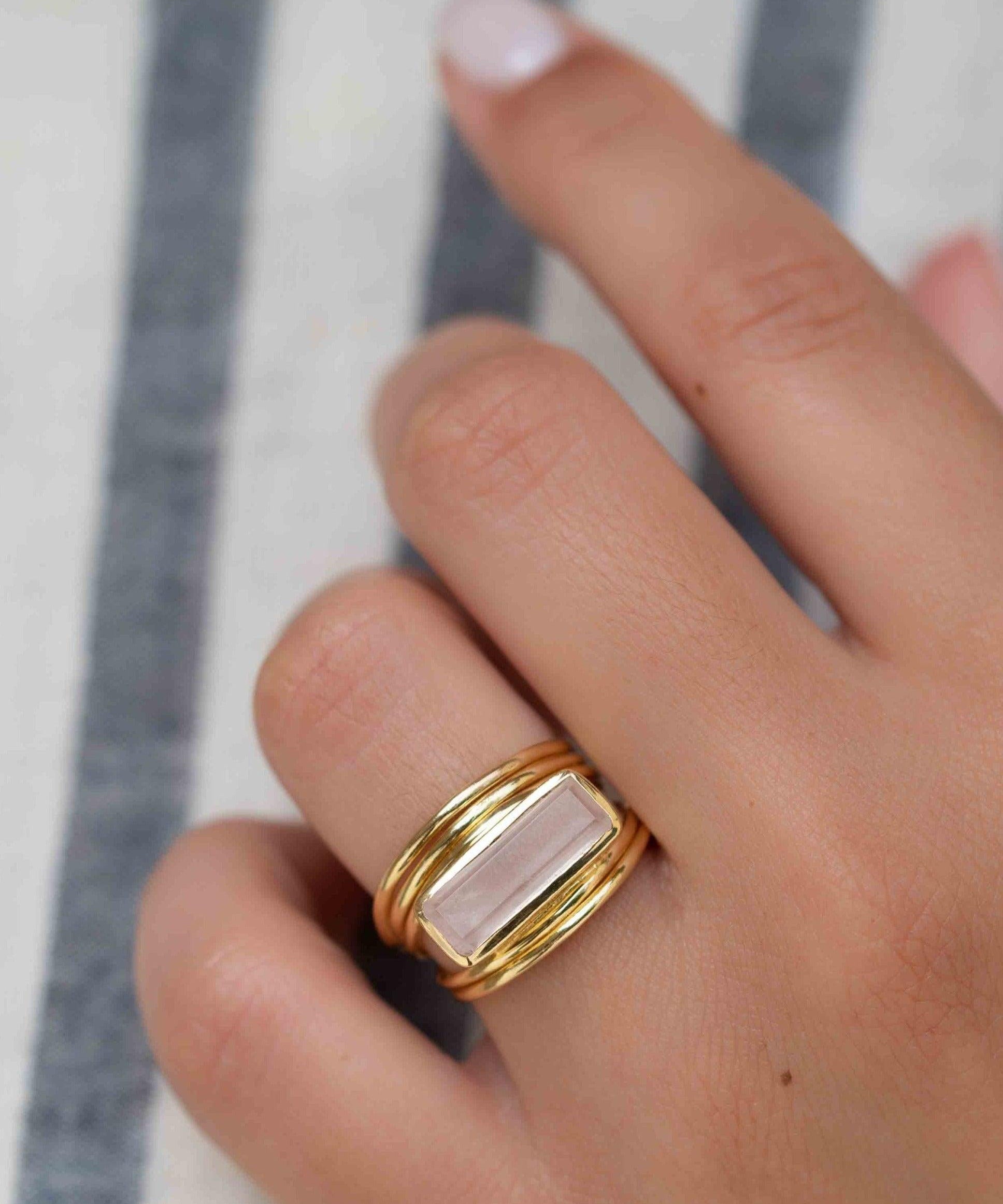 Rose Quartz Rectangular Ring ~ Gemstone ~ Natural ~ 18k Gold Plated ~ Jewelry ~ Handmade~ January Birthstone - MR300