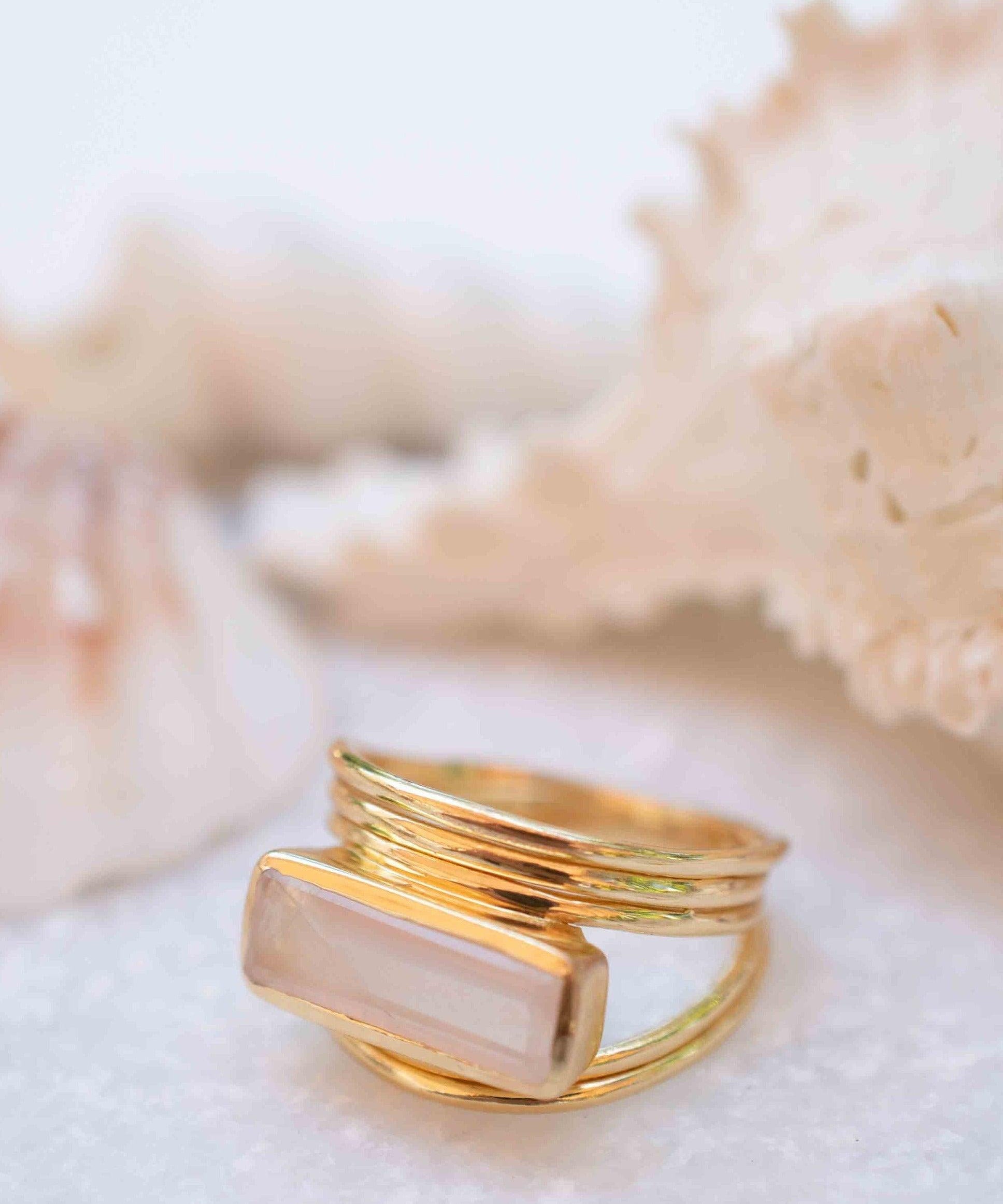 Rose Quartz Rectangular Ring ~ Gemstone ~ Natural ~ 18k Gold Plated ~ Jewelry ~ Handmade~ January Birthstone - MR300