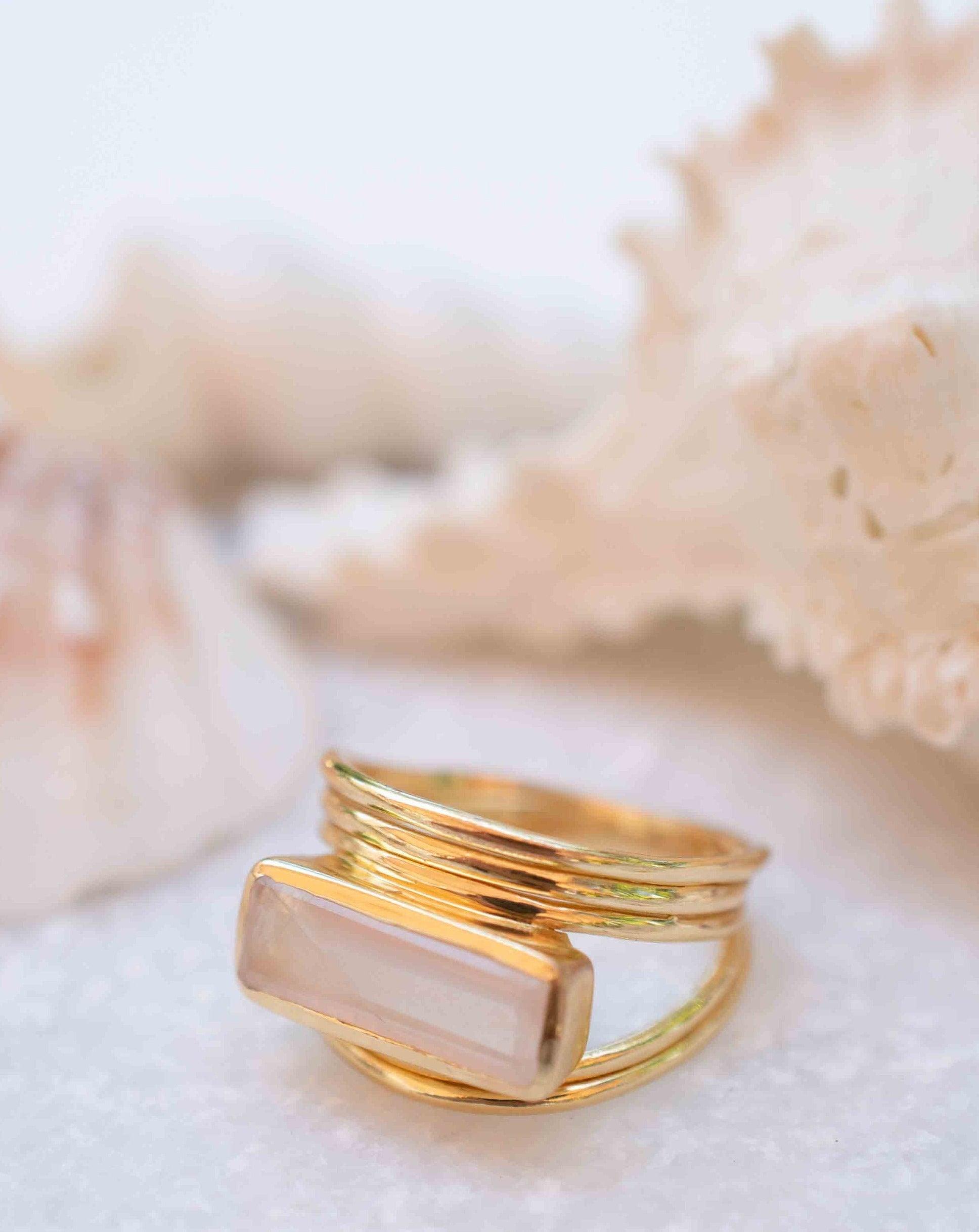 Rose Quartz Rectangular Ring ~ Gemstone ~ Natural ~ 18k Gold Plated ~ Jewelry ~ Handmade~ January Birthstone - MR300