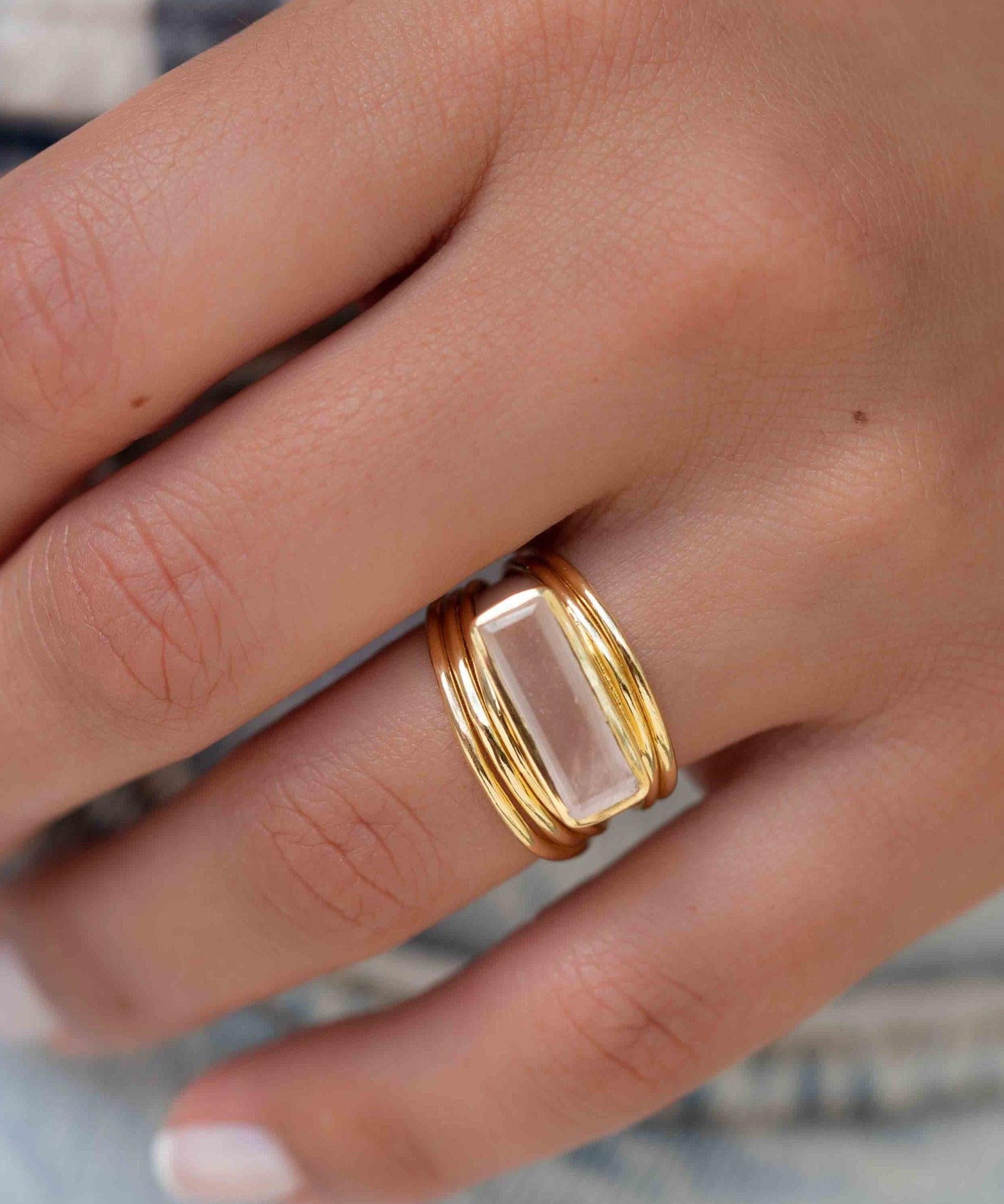Rose Quartz Rectangular Ring ~ Gemstone ~ Natural ~ 18k Gold Plated ~ Jewelry ~ Handmade~ January Birthstone - MR300
