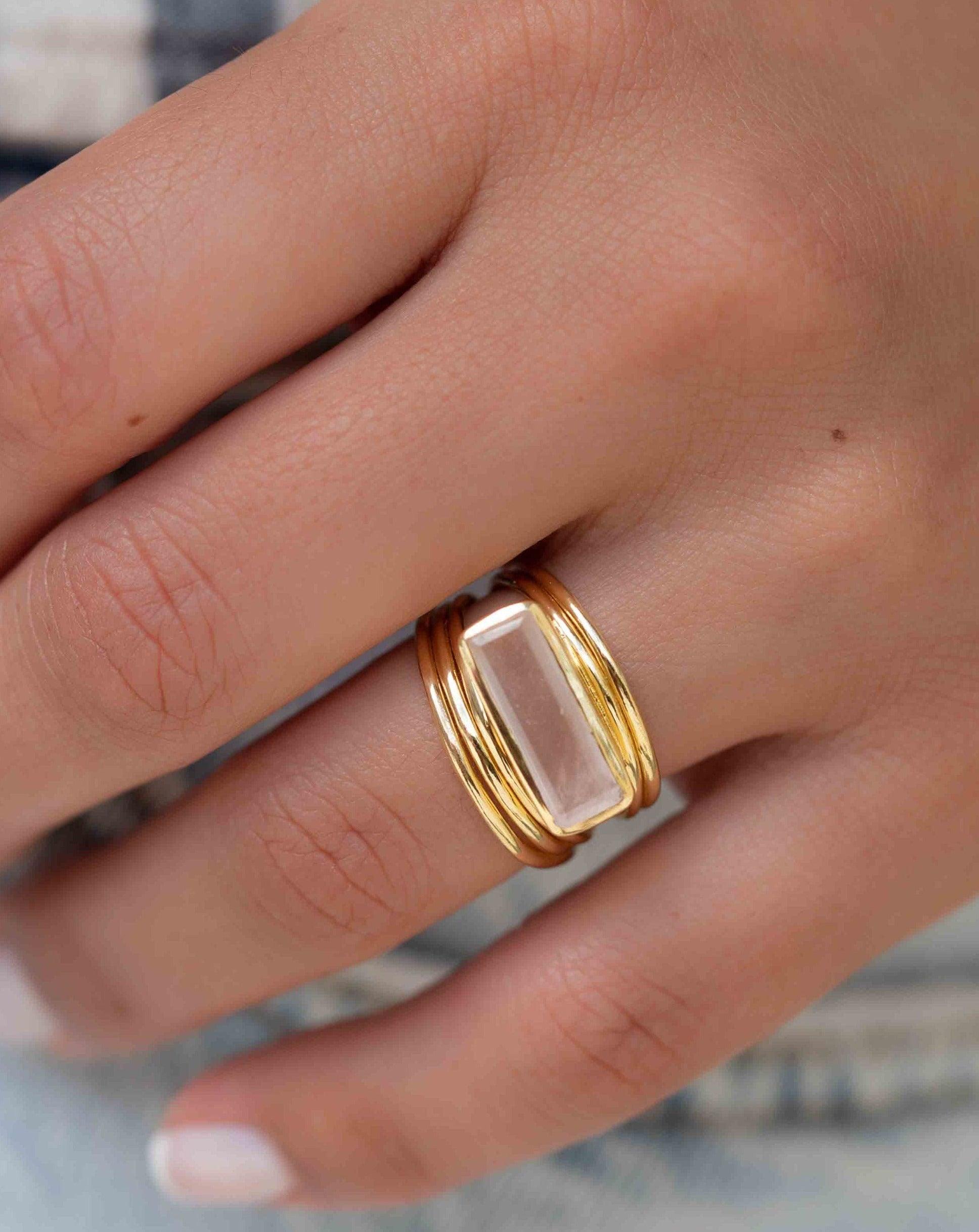 Rose Quartz Rectangular Ring ~ Gemstone ~ Natural ~ 18k Gold Plated ~ Jewelry ~ Handmade~ January Birthstone - MR300